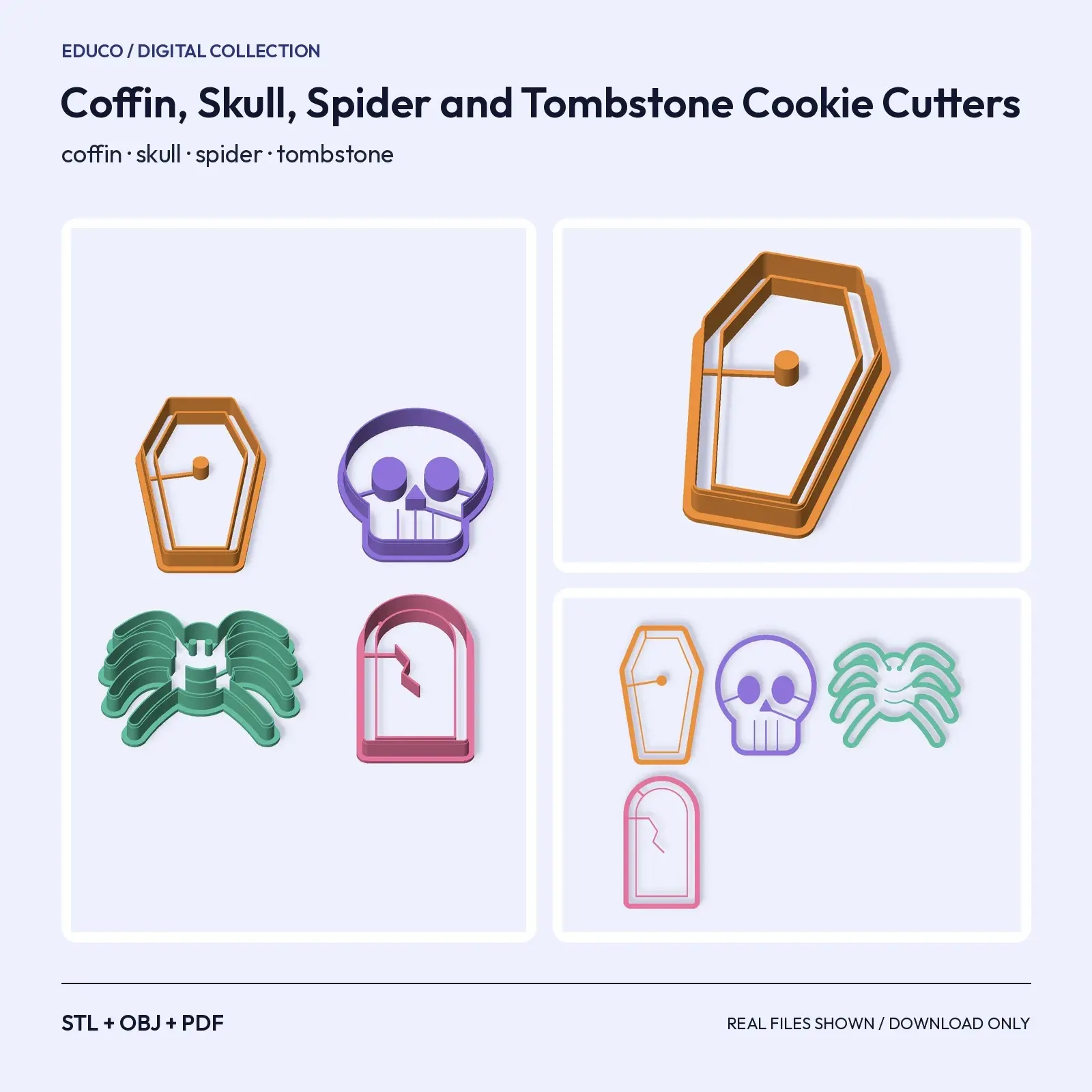 Coffin, Skull, Spider and Tombstone Cookie Cutters – 4 Gothic Party Shapes, STL + OBJ preview