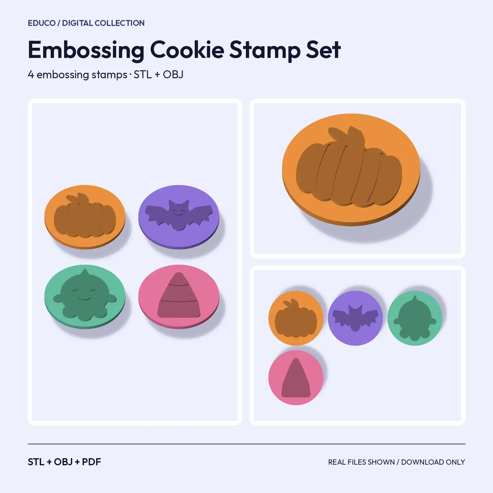 Embossing Cookie Stamp Set – Pumpkin, Bat, Ghost and Candy Corn, 3D Printable STL preview