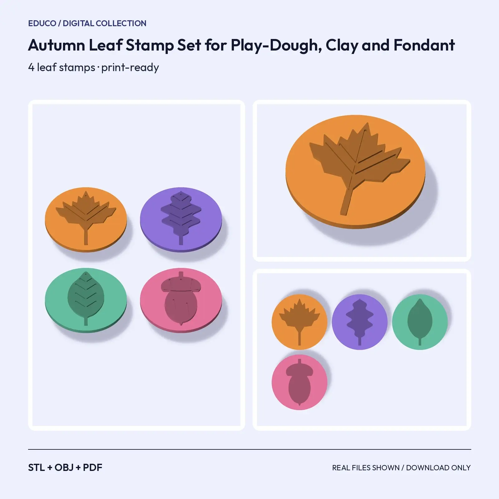 Autumn Leaf Stamp Set for Play-Dough, Clay and Fondant – 4 Embossers (STL + OBJ) preview