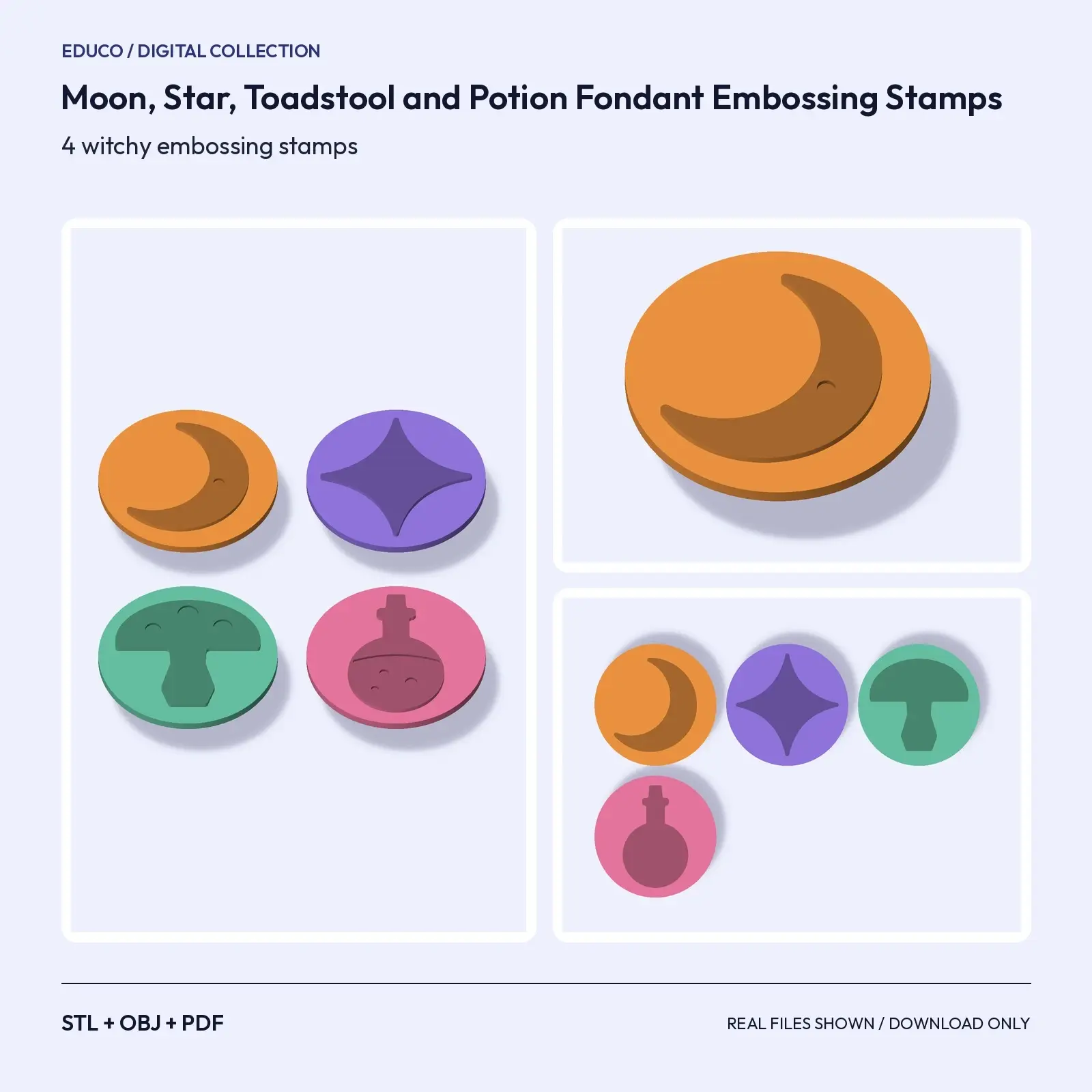Moon, Star, Toadstool and Potion Fondant Embossing Stamps – 4 Witchy STL Files preview