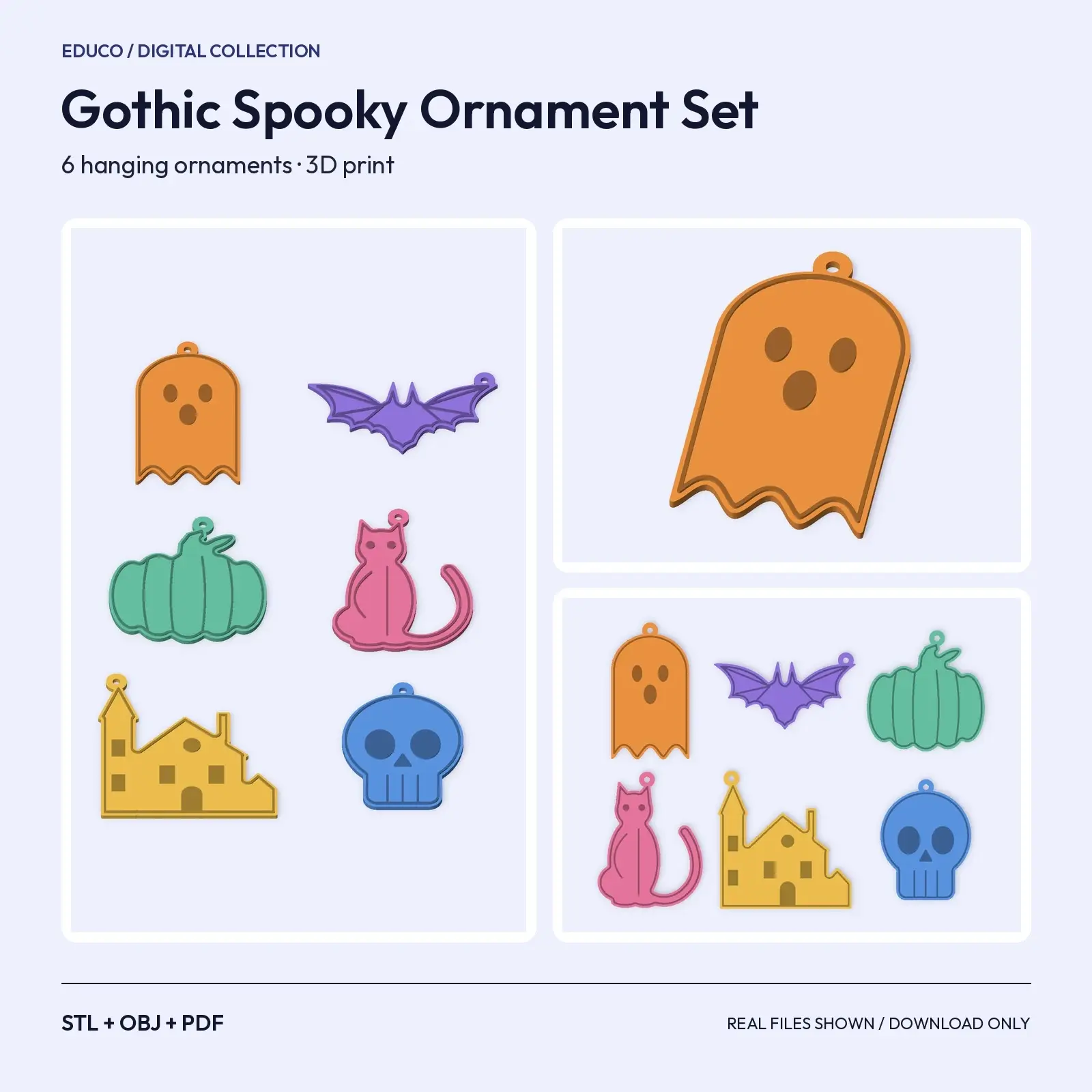 Gothic Spooky Ornament Set – Ghost, Bat, Cat, Skull, Pumpkin, Haunted House (STL + OBJ), preview 1 of 4