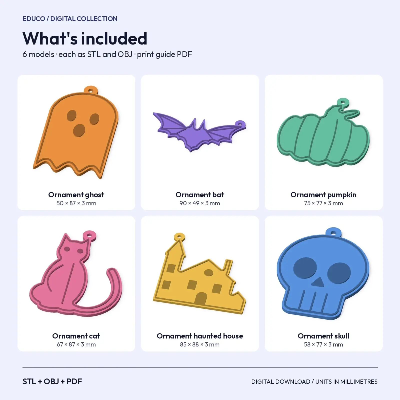 Gothic Spooky Ornament Set – Ghost, Bat, Cat, Skull, Pumpkin, Haunted House (STL + OBJ), preview 3 of 4
