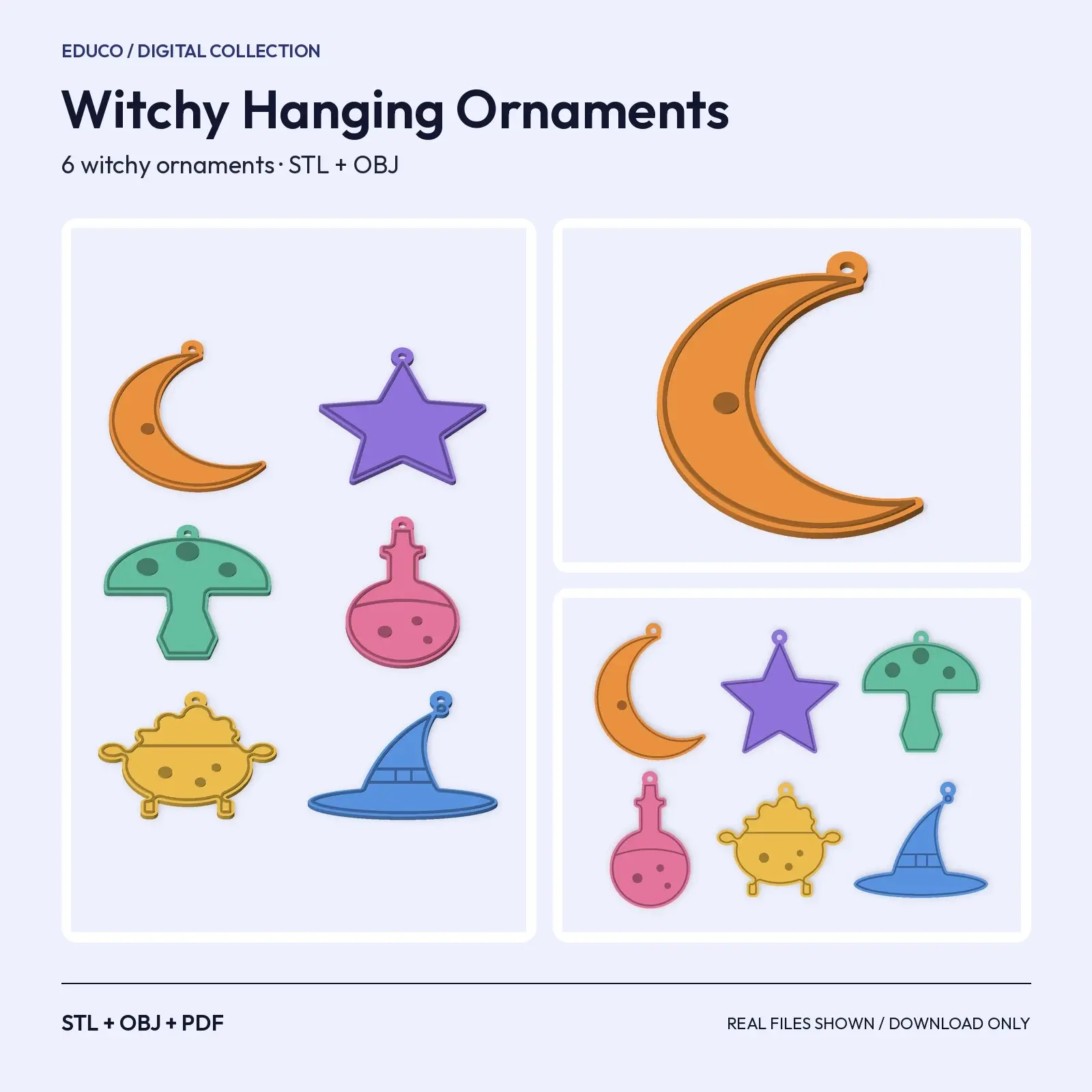 Witchy Hanging Ornaments – Moon, Star, Toadstool, Potion, Cauldron, Witch Hat (3D Print STL) preview