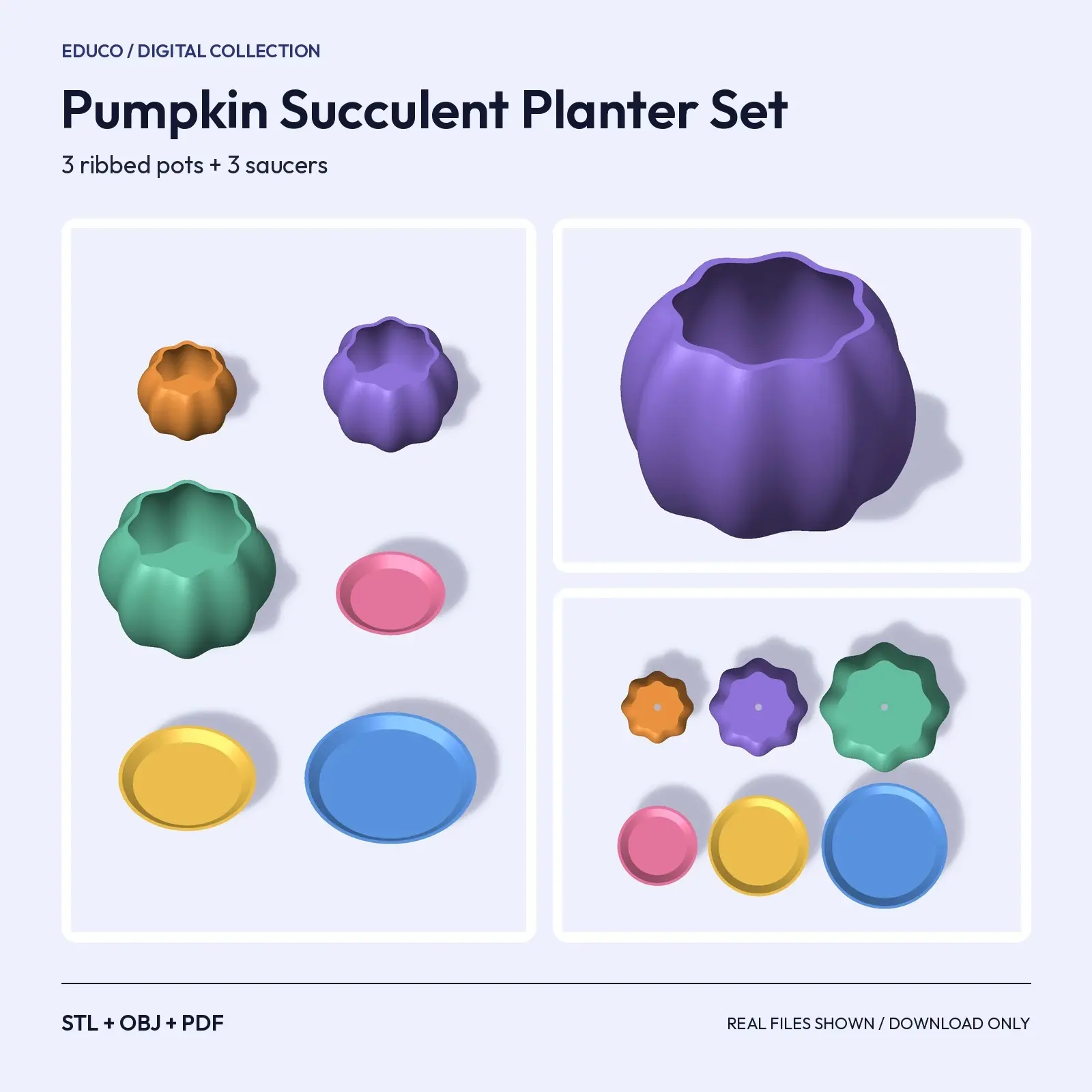Pumpkin Succulent Planter Set – 3 Sizes with Drainage Holes and Saucers, STL + OBJ preview