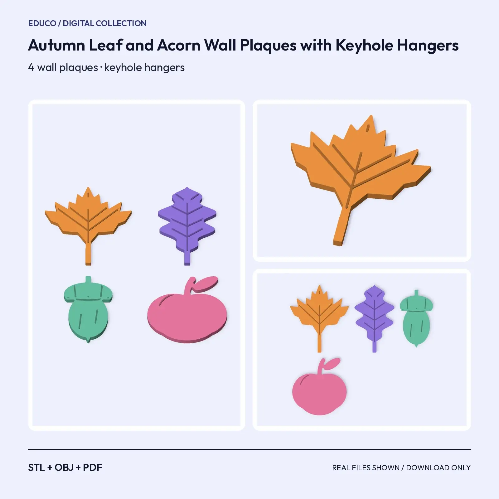 Autumn Leaf and Acorn Wall Plaques with Keyhole Hangers – 4 Printable STL Models preview
