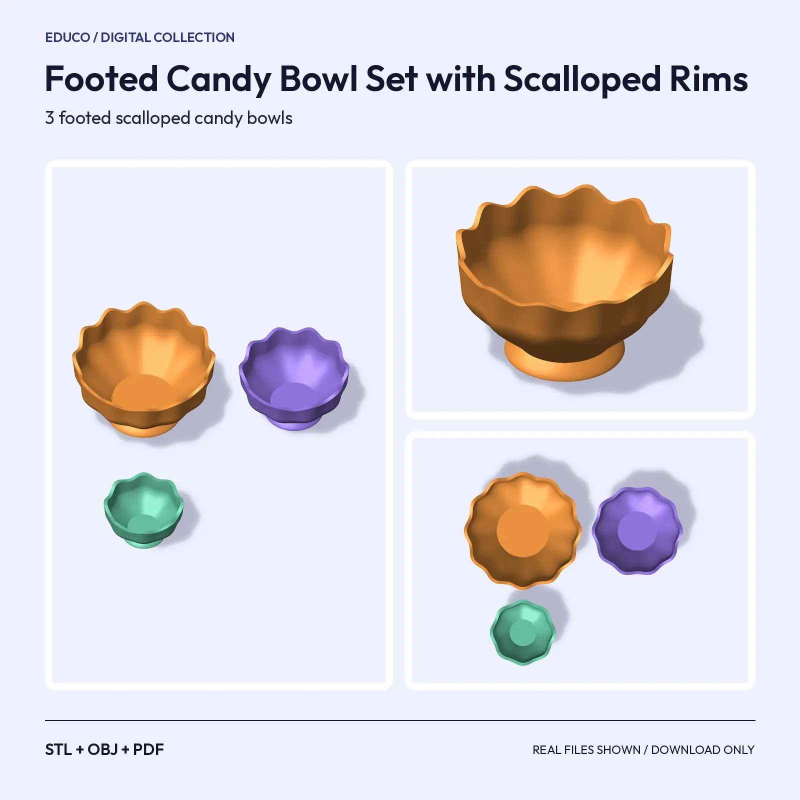 Footed Candy Bowl Set with Scalloped Rims – 3 Sizes for Trick-or-Treat Tables (STL + OBJ) preview