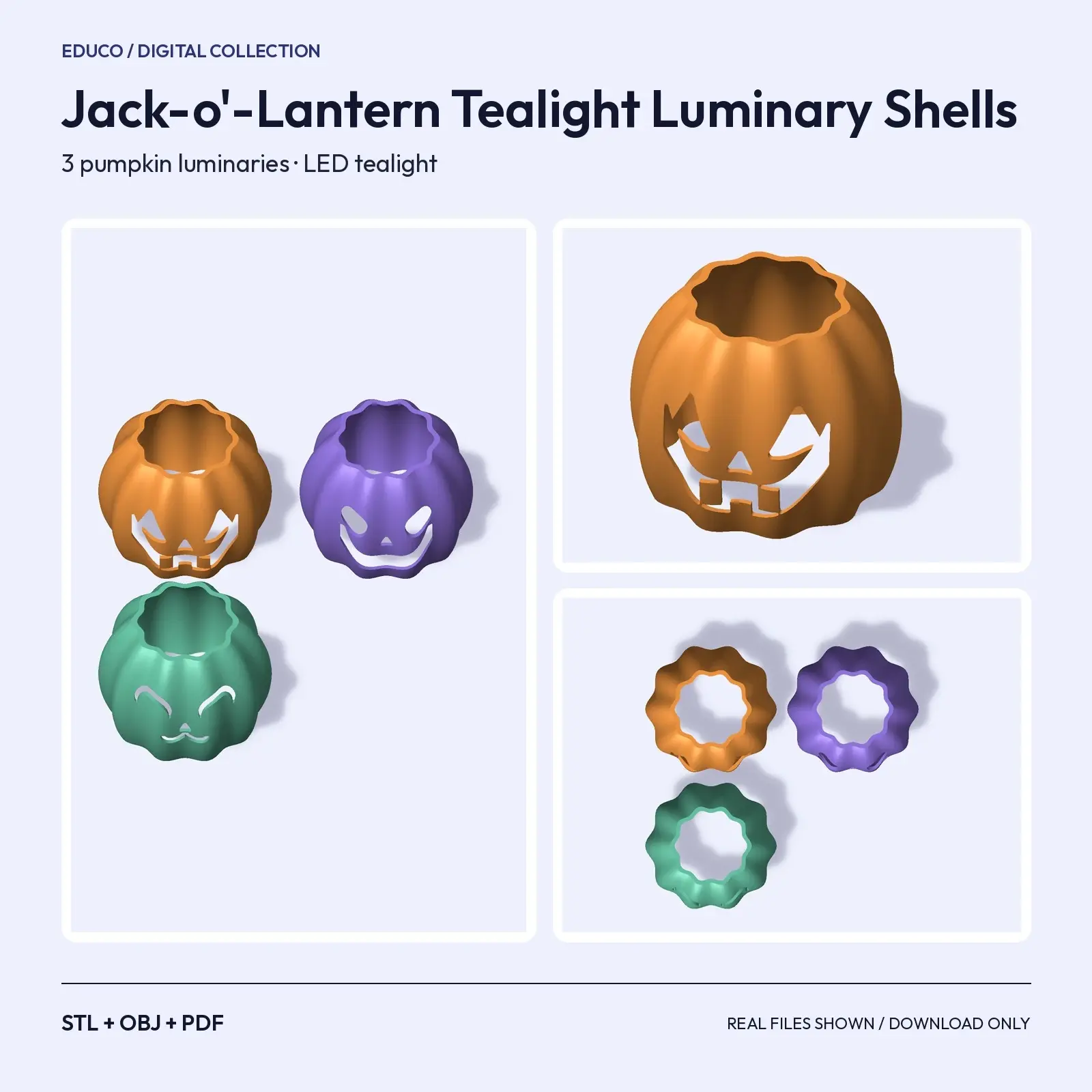 Jack-o'-Lantern Tealight Luminary Shells – 3 Carved Faces, Print-Ready STL + OBJ preview