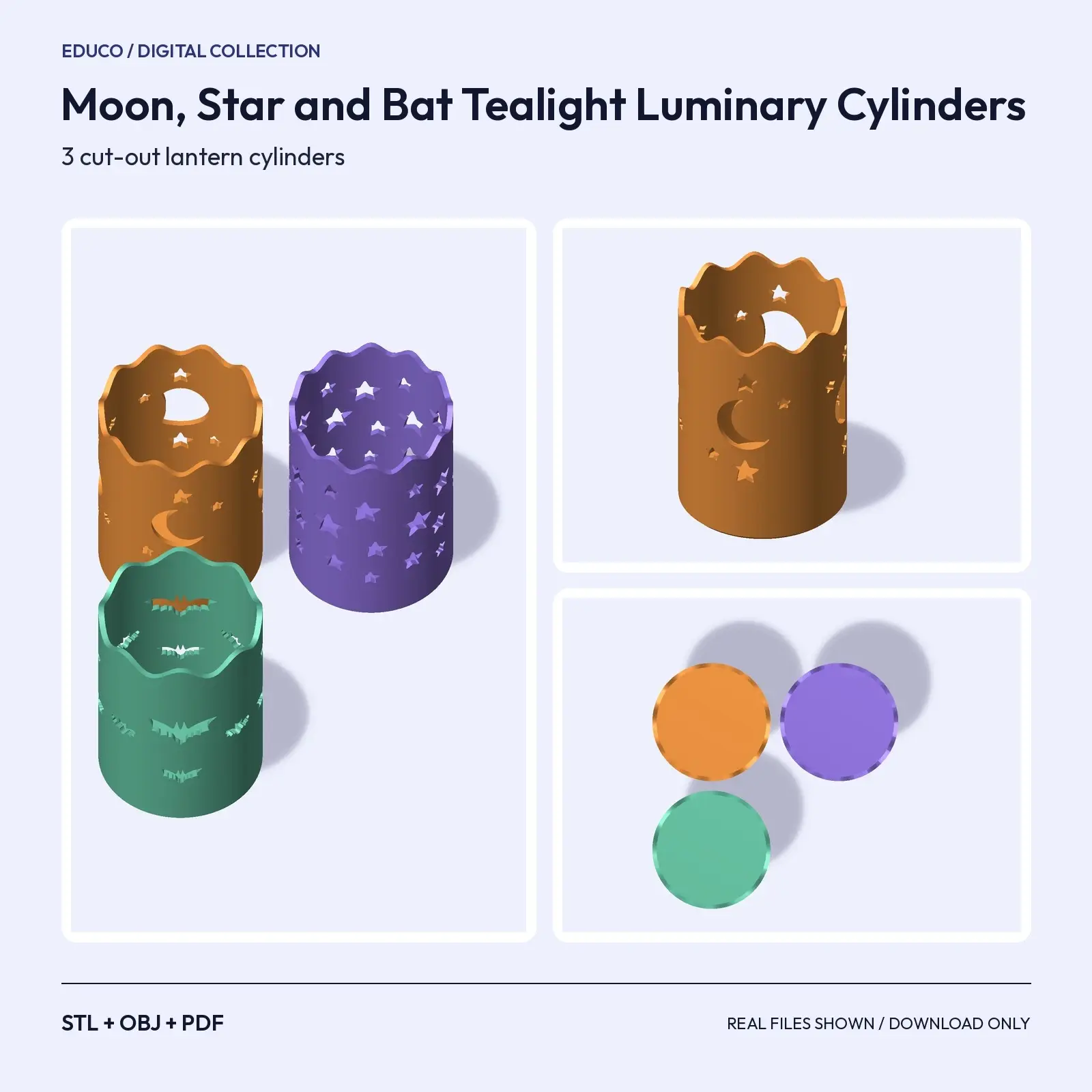 Moon, Star and Bat Tealight Luminary Cylinders – 3 Cut-Out Lanterns, STL + OBJ preview