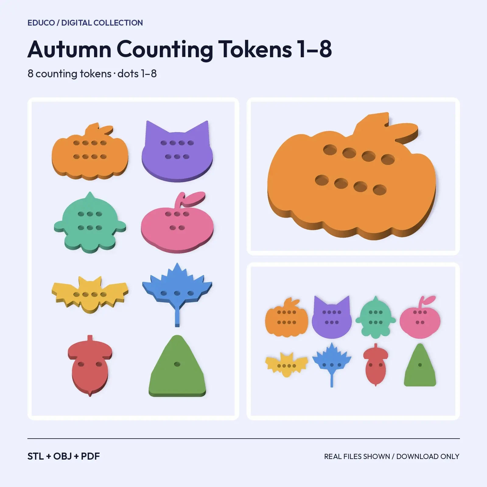 Autumn Counting Tokens 1–8 – Pumpkin, Leaf, Acorn Shapes with Dot Pips, STL + OBJ preview