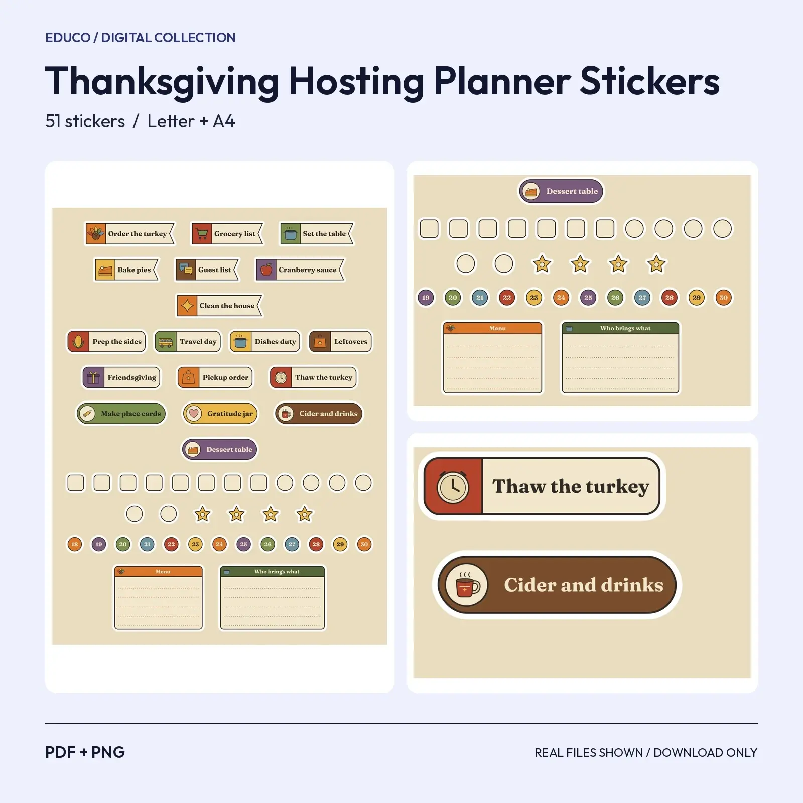 Thanksgiving Hosting and Meal Prep Planner Stickers - 51 Vintage Harvest Checklist Labels preview