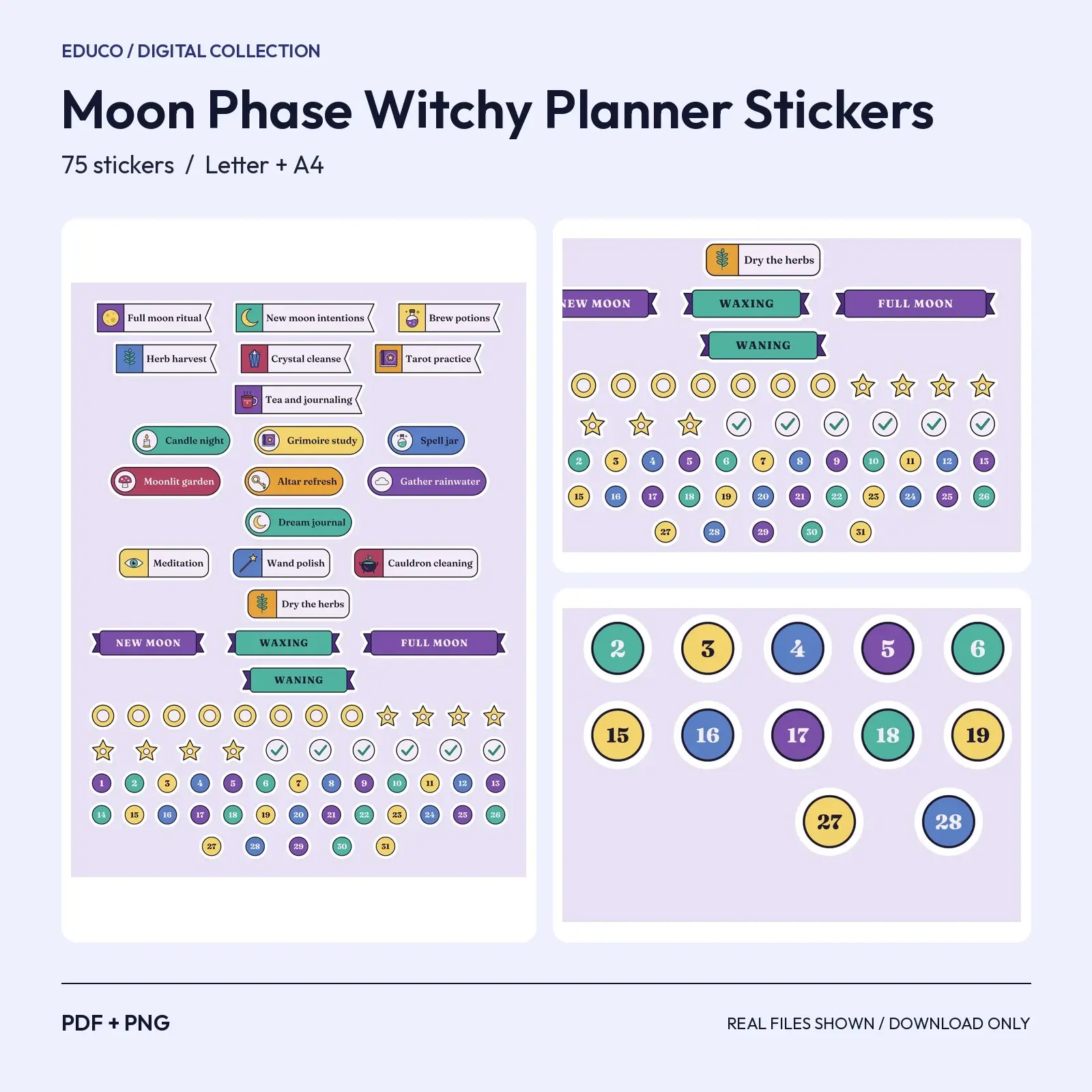 Witchy Moon Phase Planner Stickers - 75 Ritual, Herb and Potion Labels with Date Dots preview