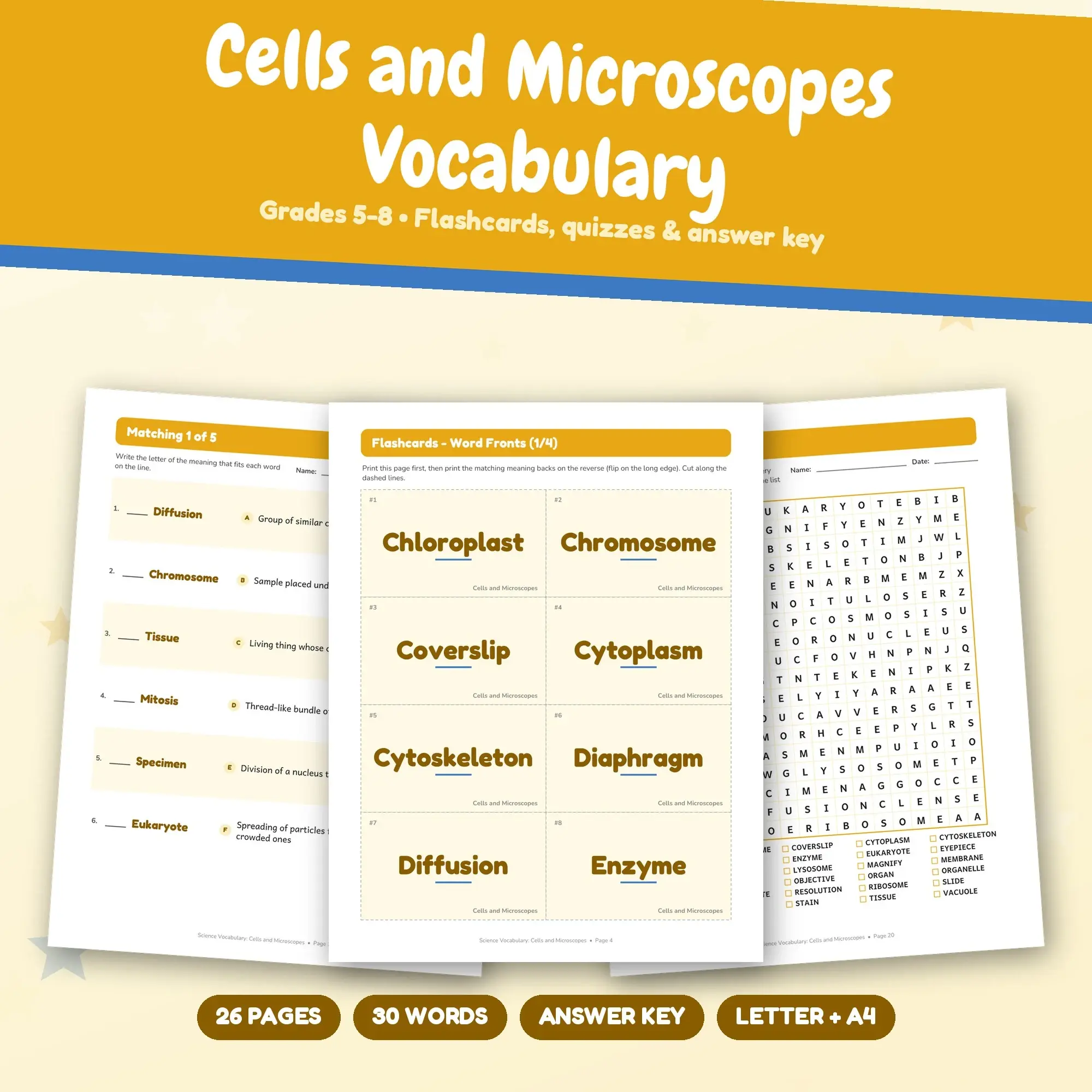 26-Page Cells and Microscopes Vocabulary Pack: 30 Words, Matching, Quizzes (Grades 5-8) preview