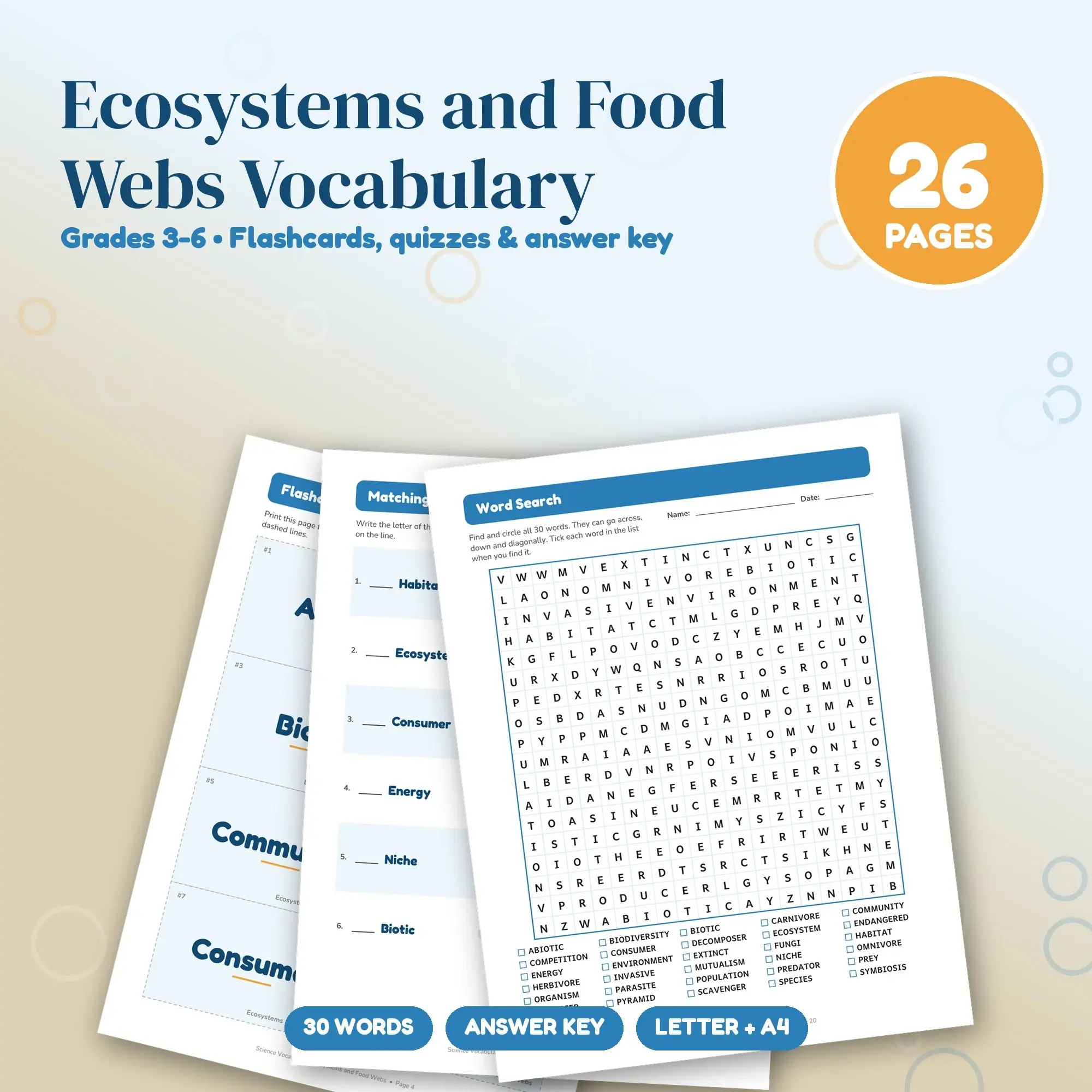 30 Ecosystems and Food Webs Vocabulary Words - Printable Study Set, Grades 3-6, Answer Key preview