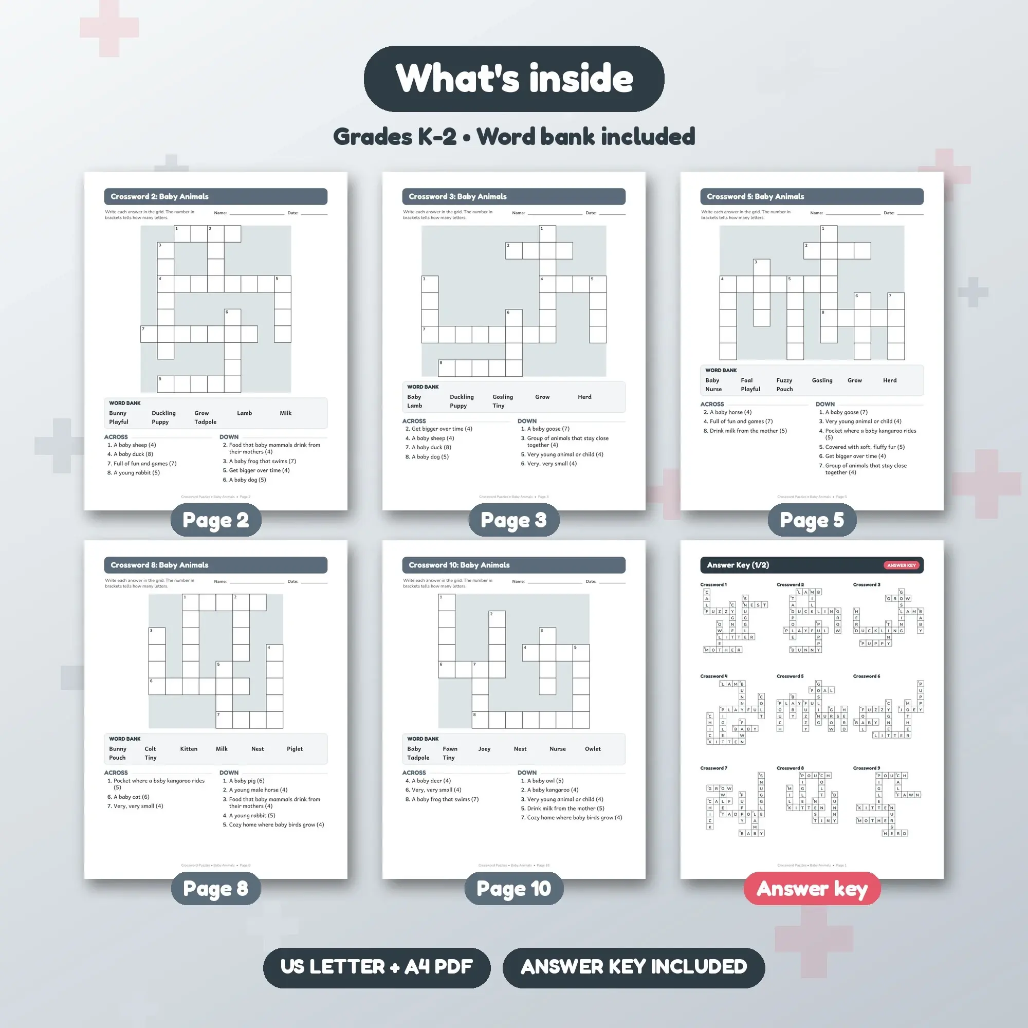 Baby Animals Crossword Puzzles with Word Bank: 10 Pages, Grades K-2, preview 2 of 2