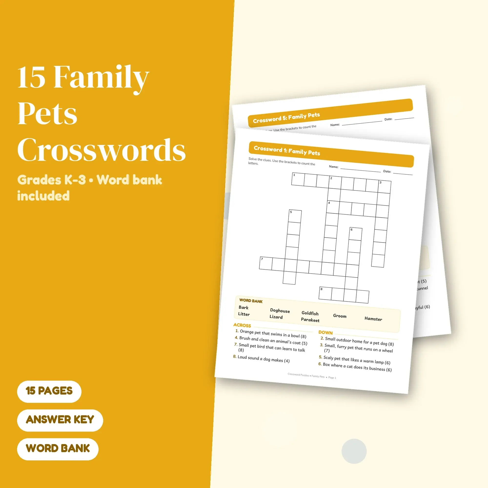 15 Family Pets Crossword Puzzles + Word Bank, Grades K-3, Answer Key preview