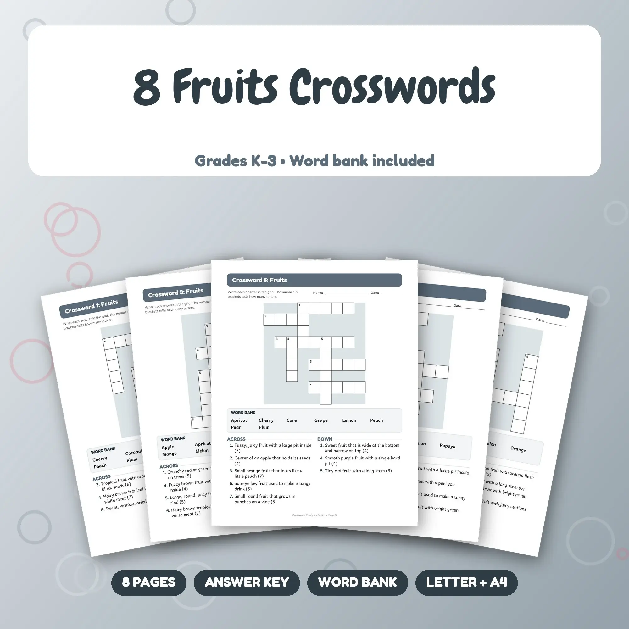 Word Bank Crosswords: 8 Fruits Puzzles for Grades K-3 + Key preview