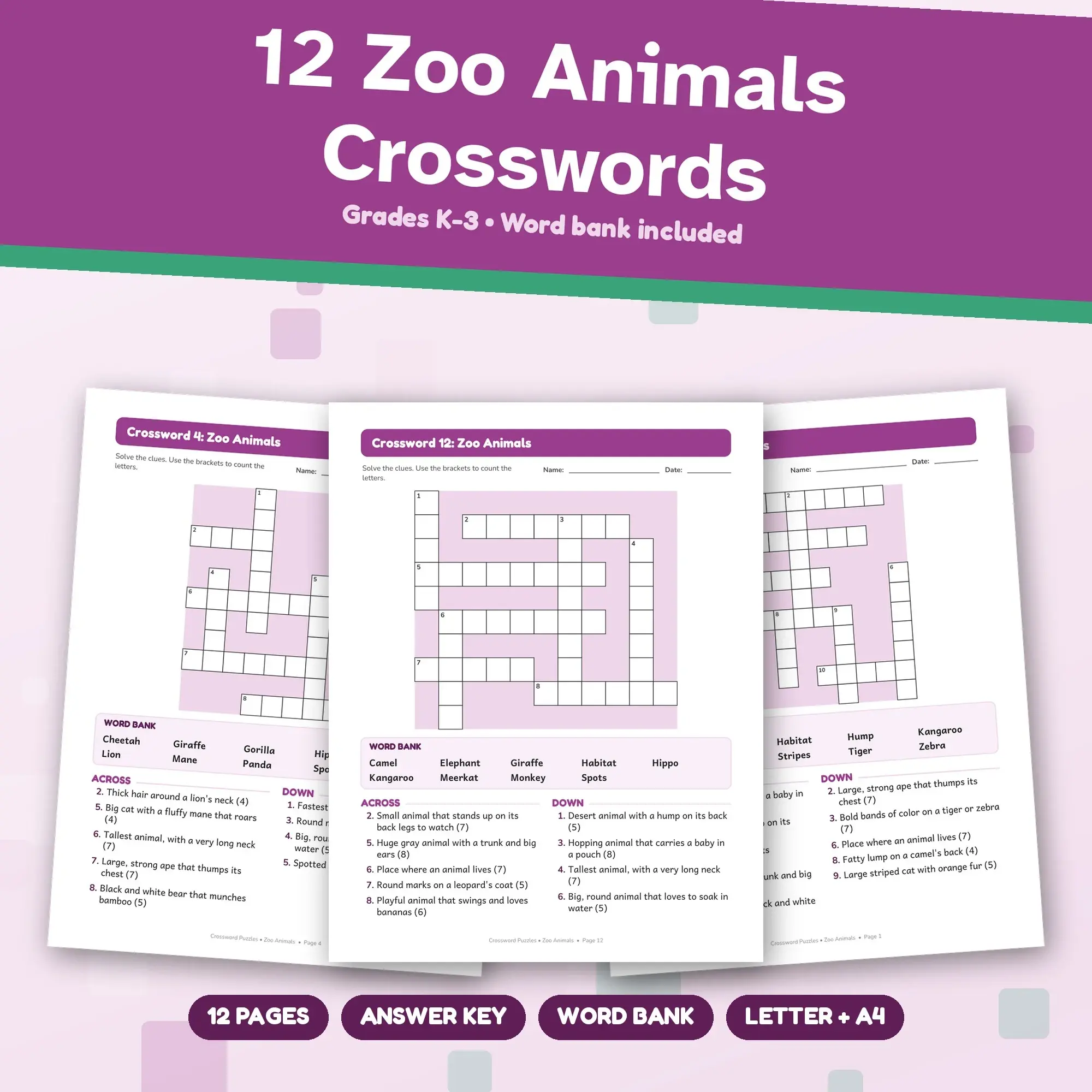 12 Zoo Animals Crossword Puzzles, Grades K-3 + Answer Key preview
