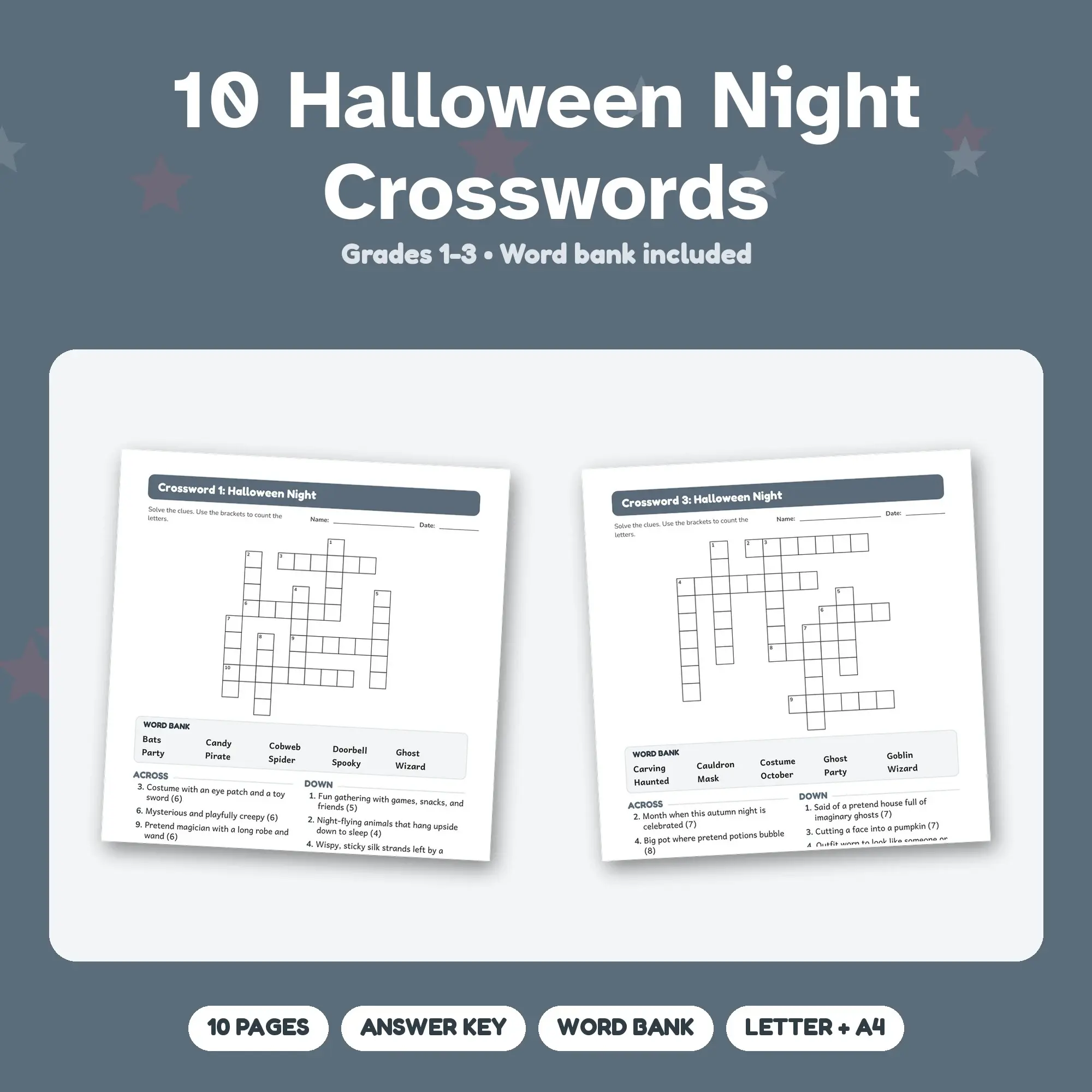 Halloween Night Crossword Puzzles - 10 Printable Puzzles for Grades 1-3 preview