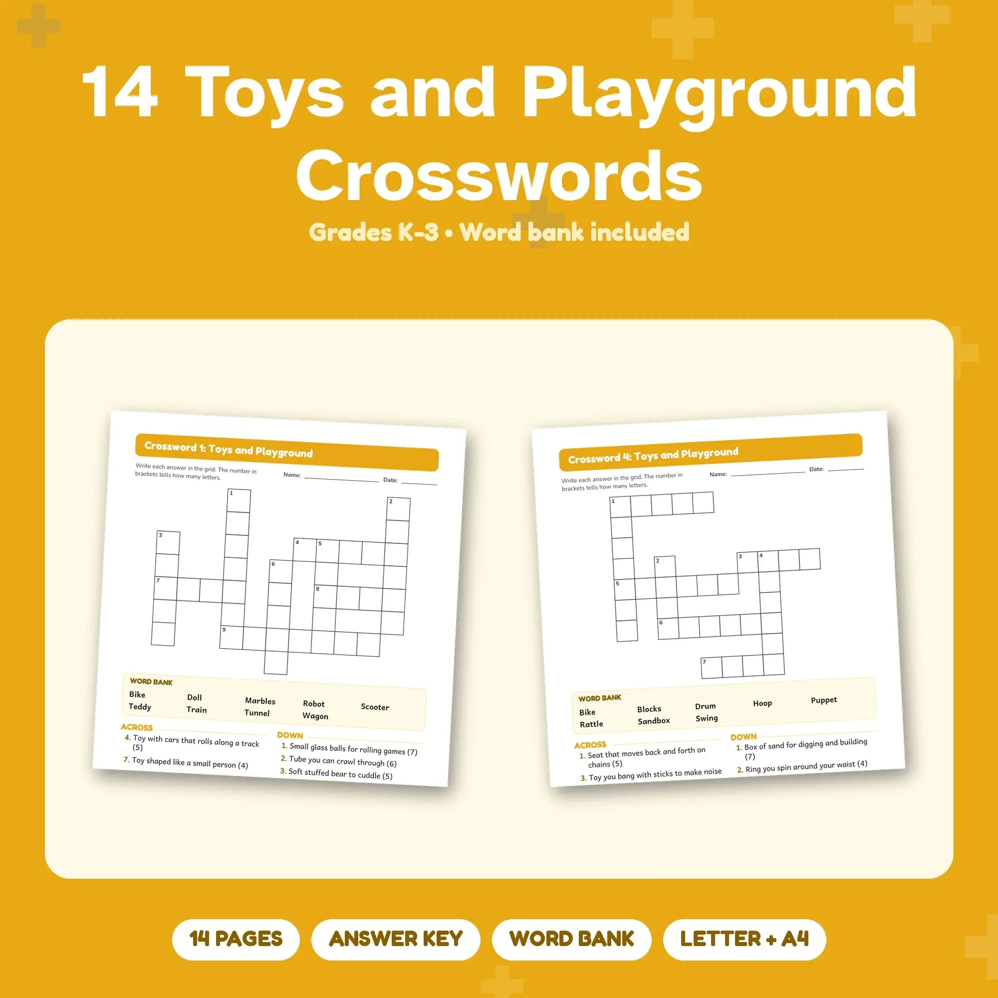 14 Printable Toys and Playground Crosswords with Answer Key, Grades K-3 preview