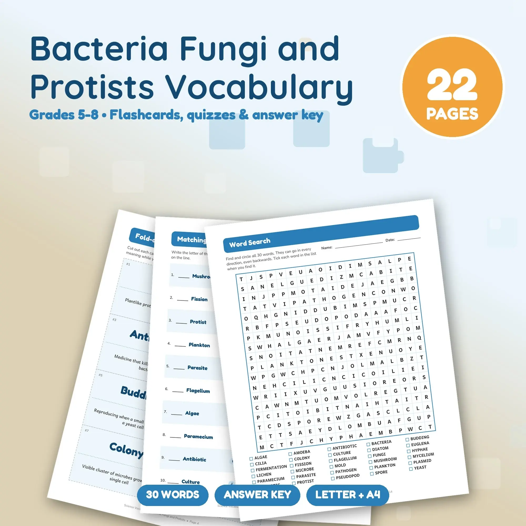 Bacteria Fungi and Protists Word List, Flashcards & Vocabulary Quizzes (Grades 5-8) - 22 Pages, preview 1 of 2