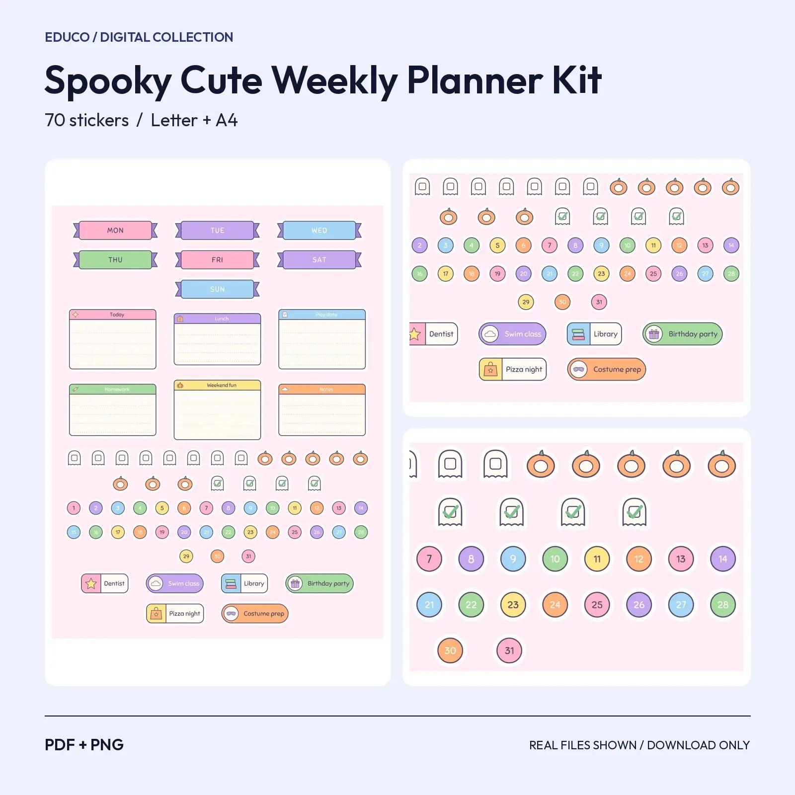 Spooky Cute Weekly Planner Kit Stickers - 70 Ghost Banners, Boxes and Date Dots preview