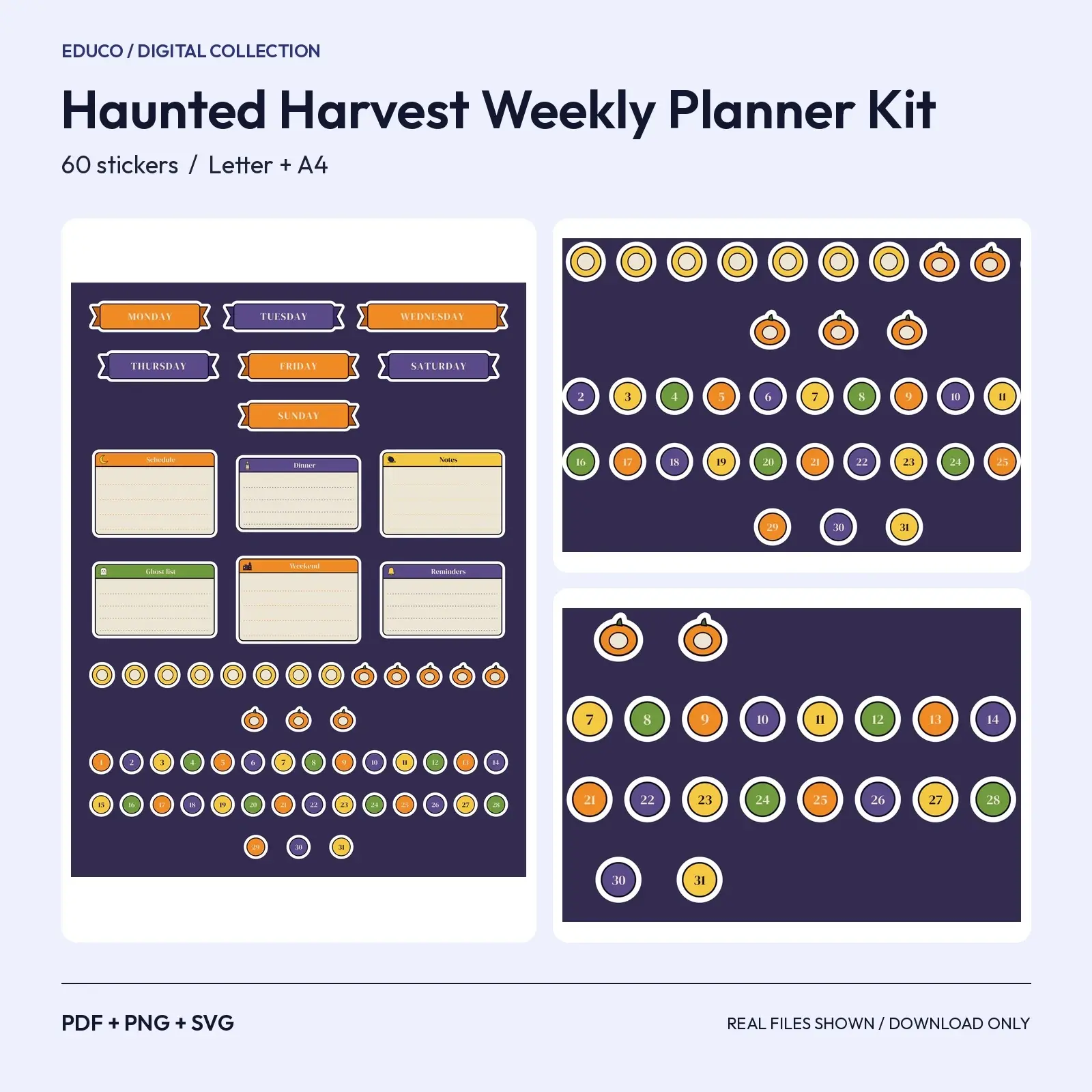 Haunted Harvest Weekly Planner Kit Stickers - 60 Midnight Banners, Boxes and Date Dots with Cut SVG preview