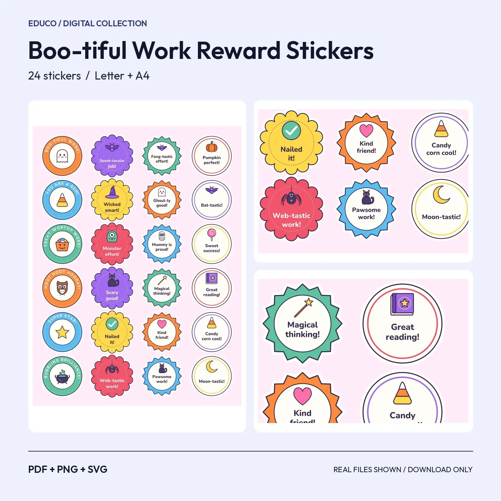Boo-tiful Work Teacher Reward Stickers - 24 Friendly Halloween Praise Badges with Cut SVG preview