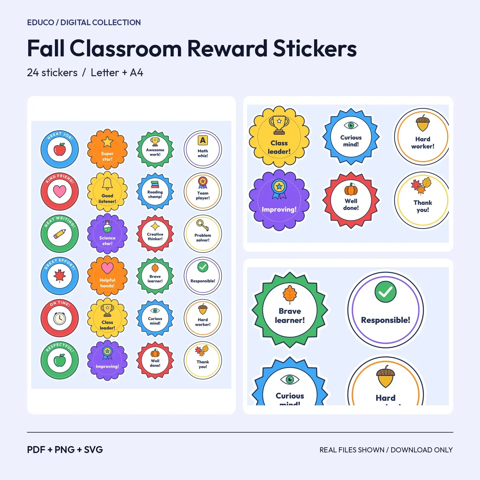 Fall Classroom Reward Stickers - 24 Teacher Praise Badges for Papers, Folders and Planners preview