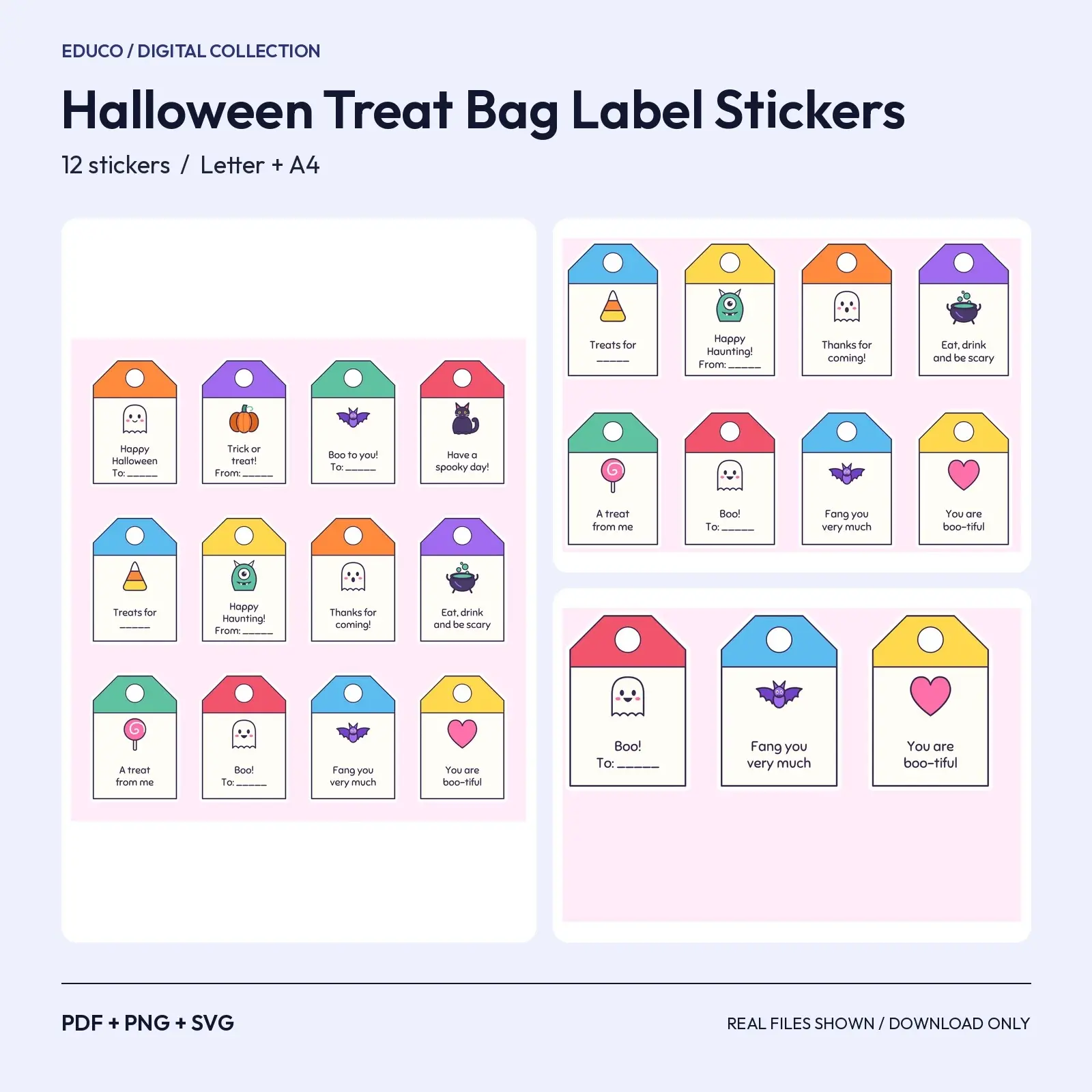 Halloween Treat Bag Label Stickers - 12 Thank-You Tags and Round Seals with To and From Lines, Cut SVG preview