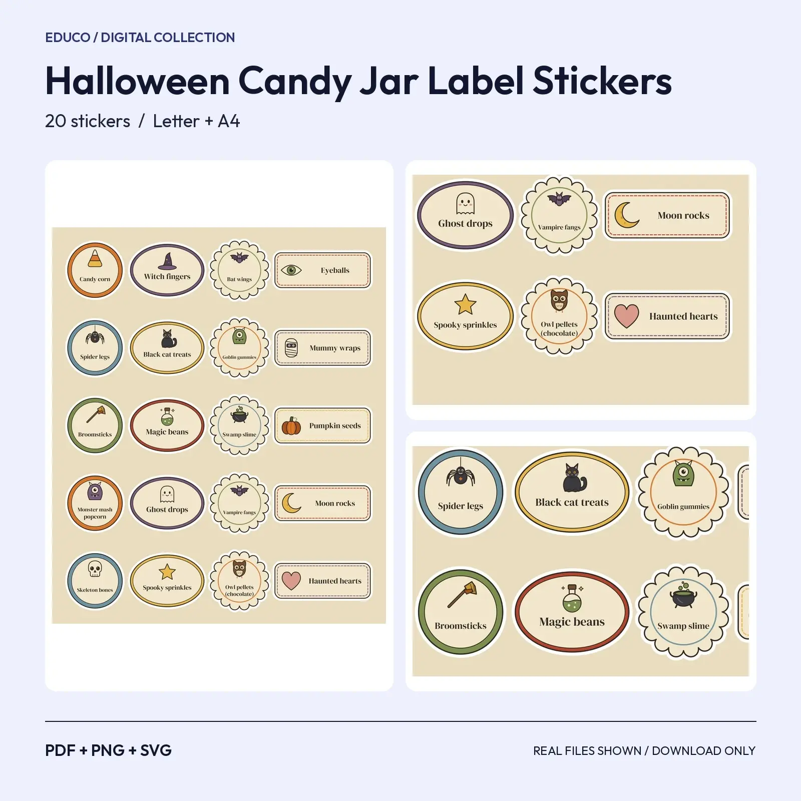 Halloween Candy Jar Label Stickers - 20 Vintage Treat Names Like Witch Fingers and Bat Wings, Cut SVG preview