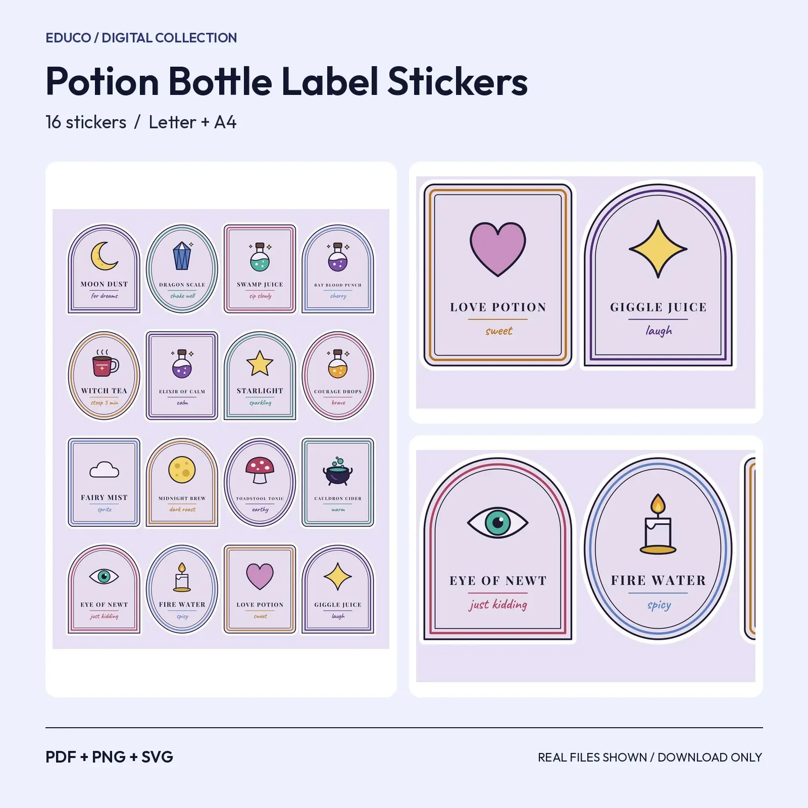 Potion Bottle Label Stickers - 16 Witchy Elixir Labels for Party Drinks and Craft Bottles, Cut SVG preview