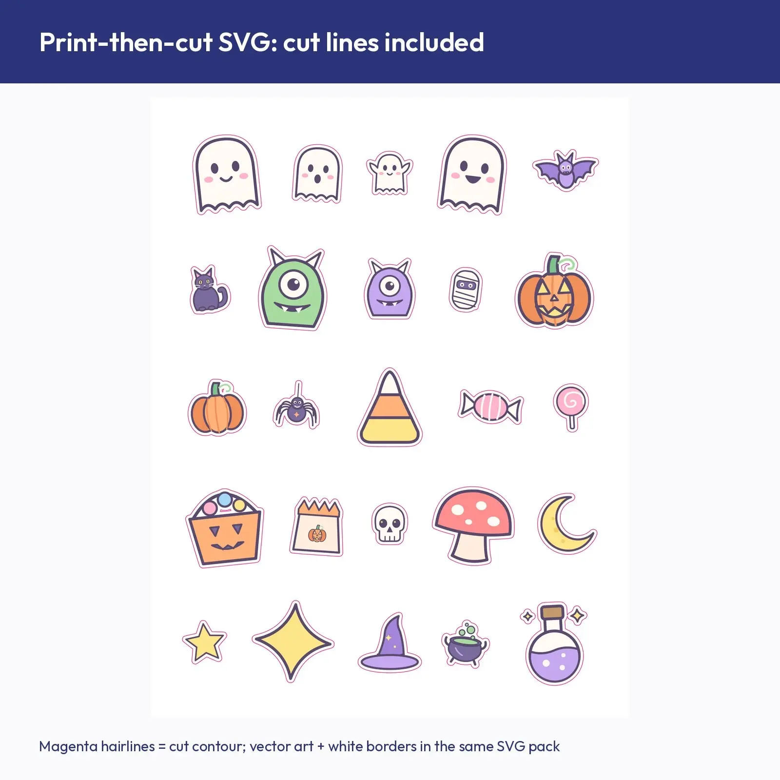 Spooky Cute Character Sticker Pack - 25 Friendly Ghost, Bat, Monster and Candy Stickers, Cut SVG, preview 4 of 4