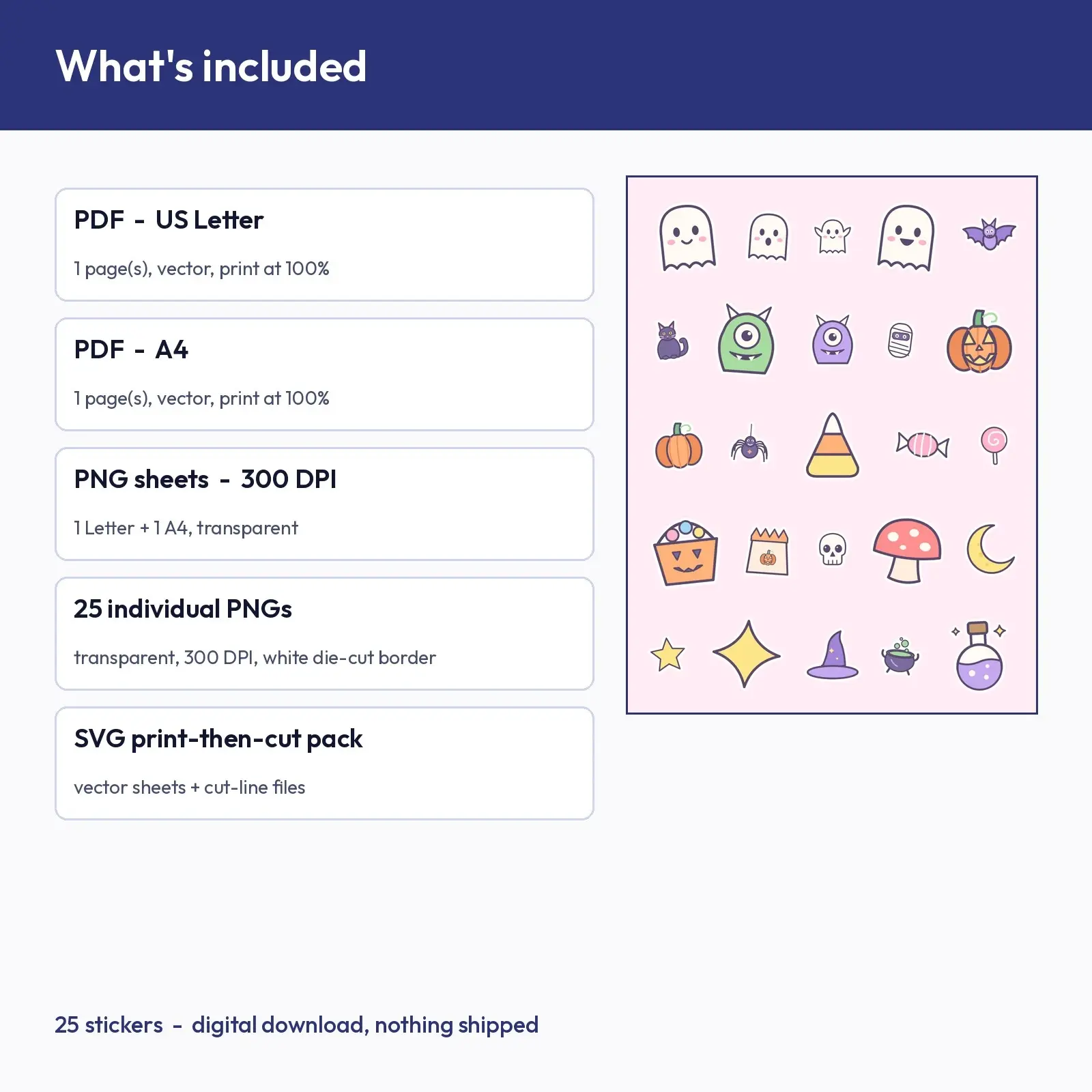 Spooky Cute Character Sticker Pack - 25 Friendly Ghost, Bat, Monster and Candy Stickers, Cut SVG, preview 2 of 4