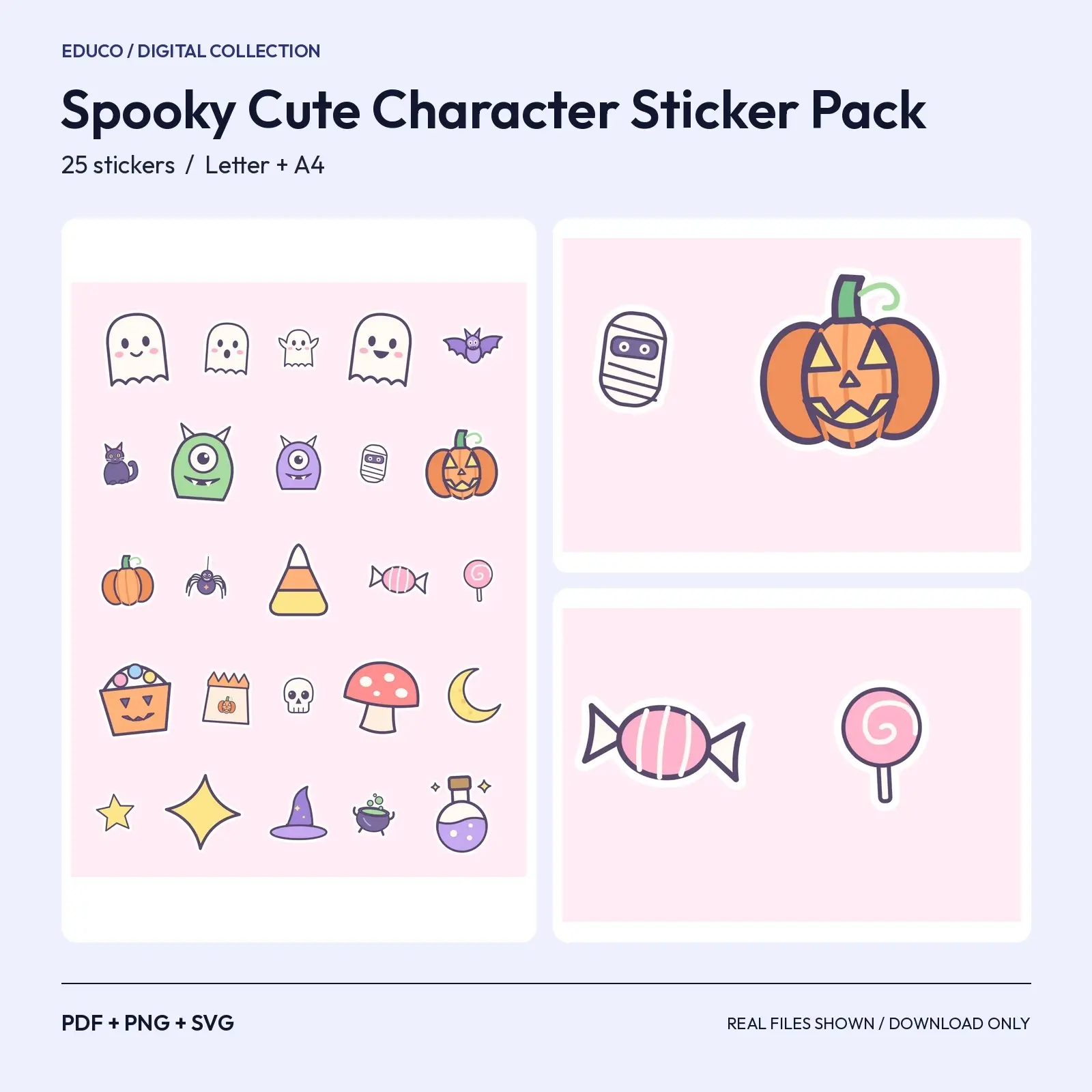 Spooky Cute Character Sticker Pack - 25 Friendly Ghost, Bat, Monster and Candy Stickers, Cut SVG preview