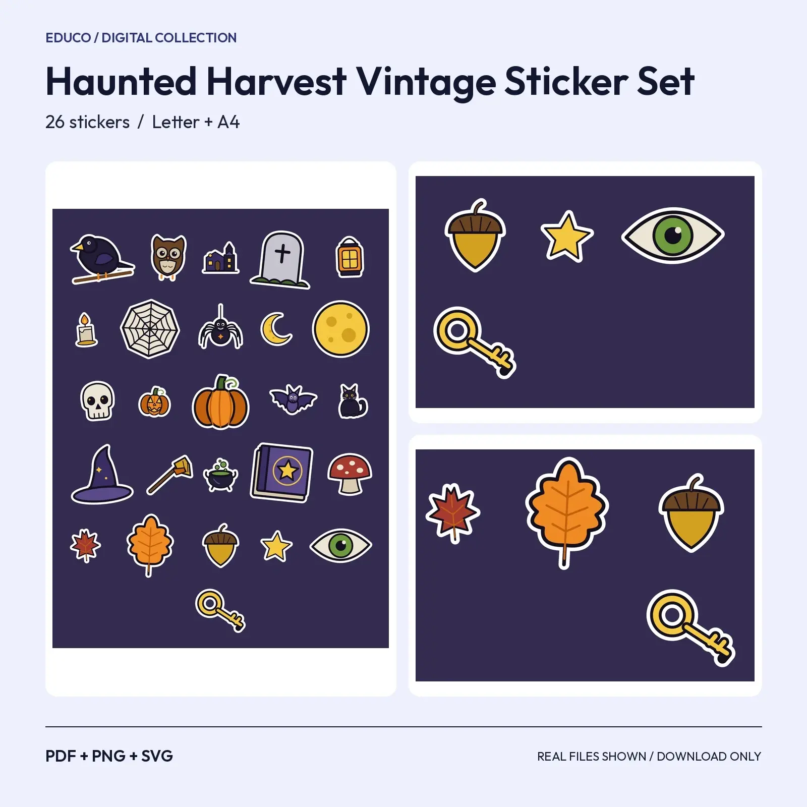 Haunted Harvest Vintage Sticker Set - 26 Moonlit Crow, Owl, Haunted House and Candle Stickers, Cut SVG preview