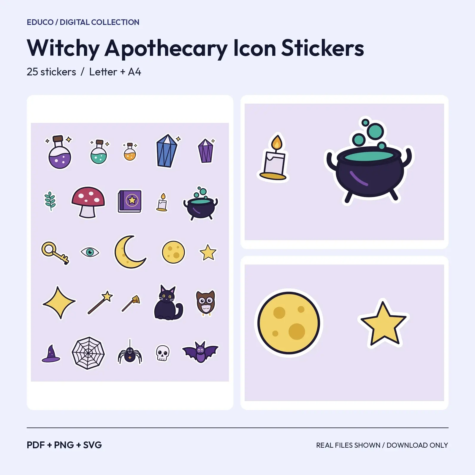 Witchy Apothecary Icon Stickers - 25 Potions, Crystals, Herbs, Mushrooms and Moons, Cut SVG preview