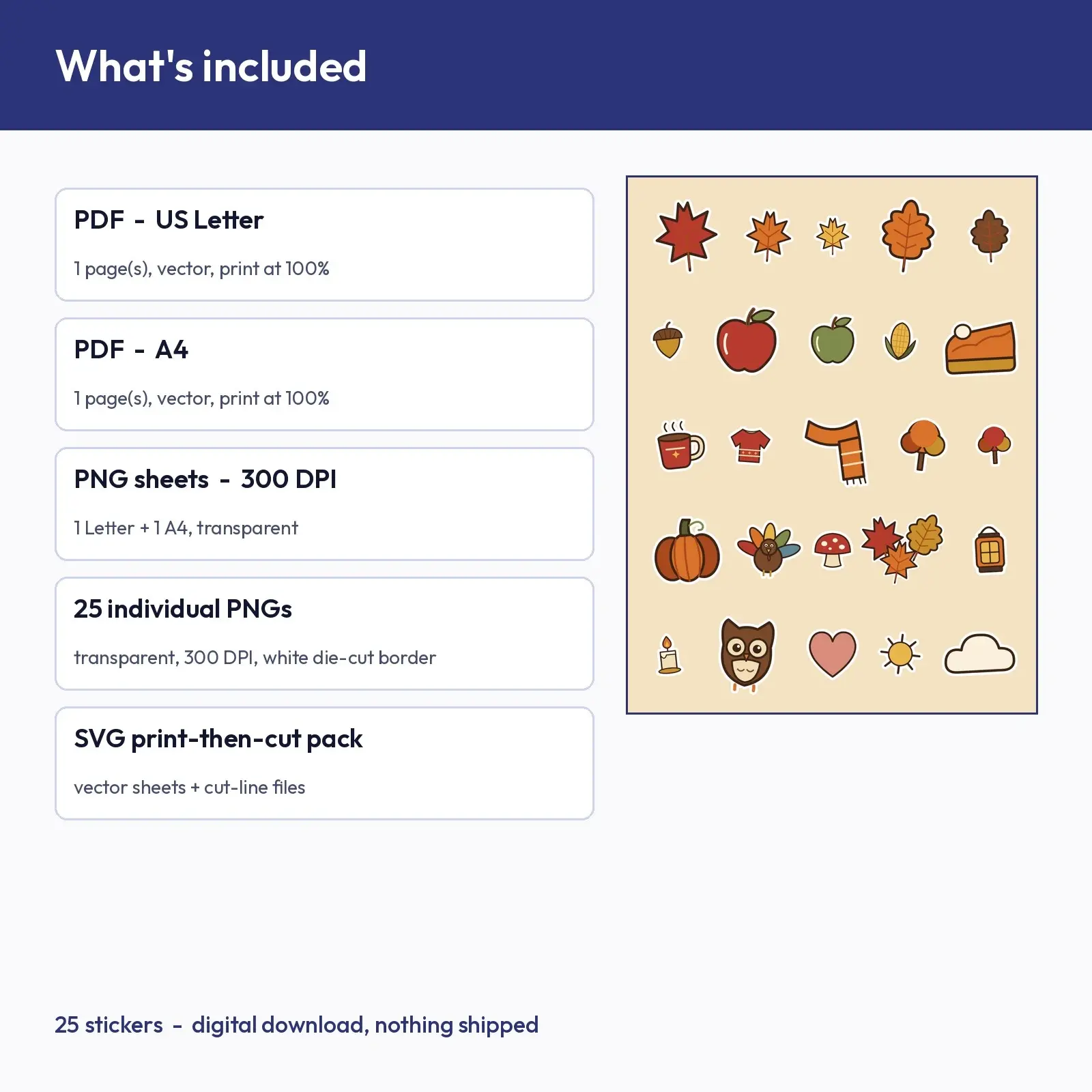 Autumn Leaves and Harvest Sticker Pack - 25 Apples, Acorns, Corn, Pie and Sweater Stickers, Cut SVG, preview 2 of 4