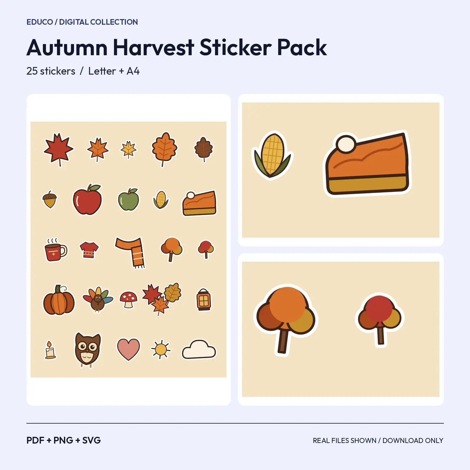 Autumn Leaves and Harvest Sticker Pack - 25 Apples, Acorns, Corn, Pie and Sweater Stickers, Cut SVG, preview 1 of 4