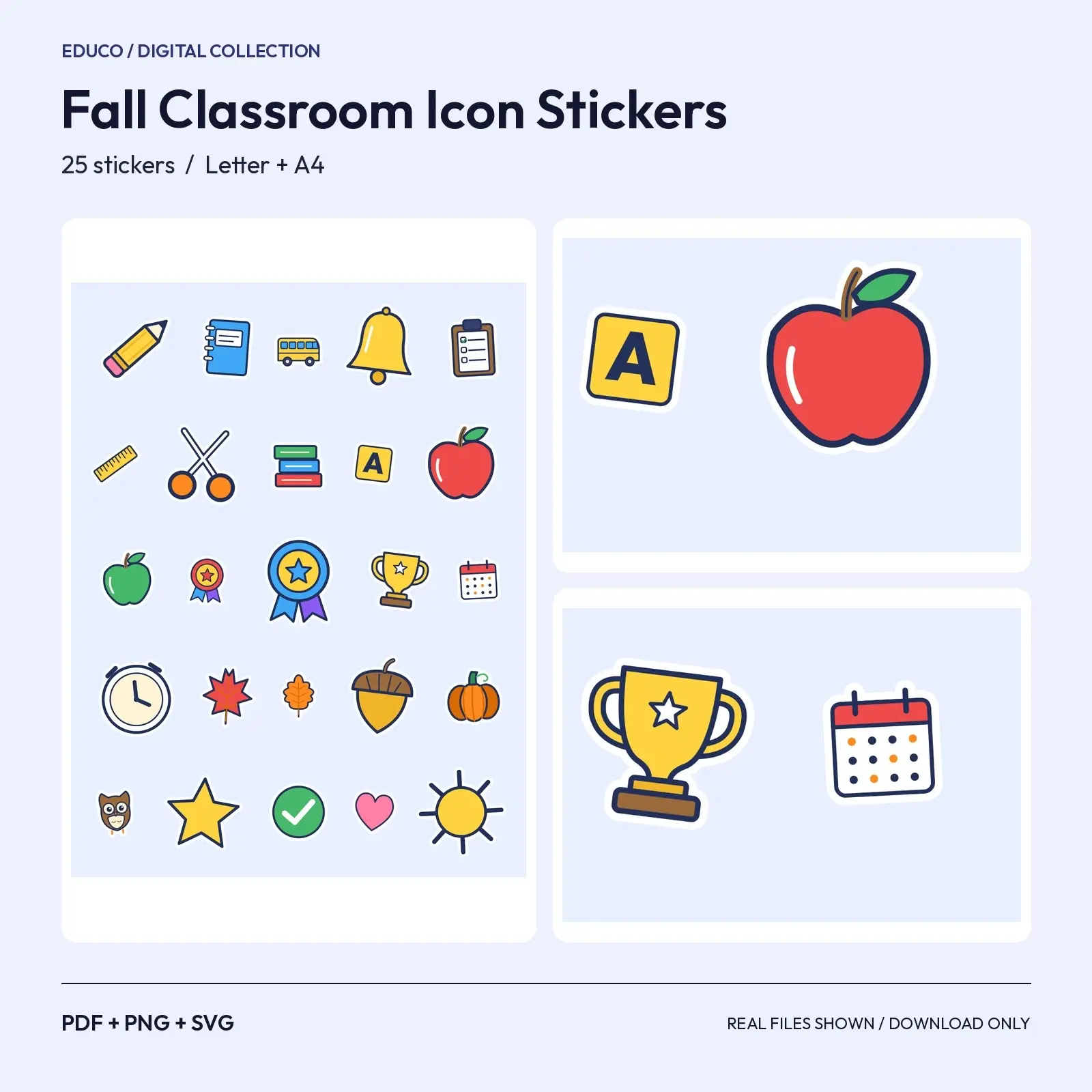 Fall Classroom Icon Stickers - 25 Pencils, Books, Apples, Buses and Trophies for Teachers, Cut SVG preview