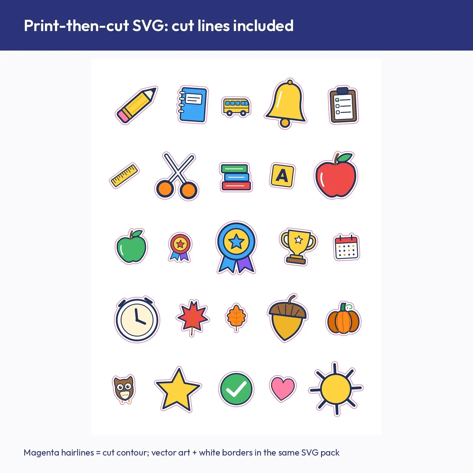 Fall Classroom Icon Stickers - 25 Pencils, Books, Apples, Buses and Trophies for Teachers, Cut SVG, preview 4 of 4
