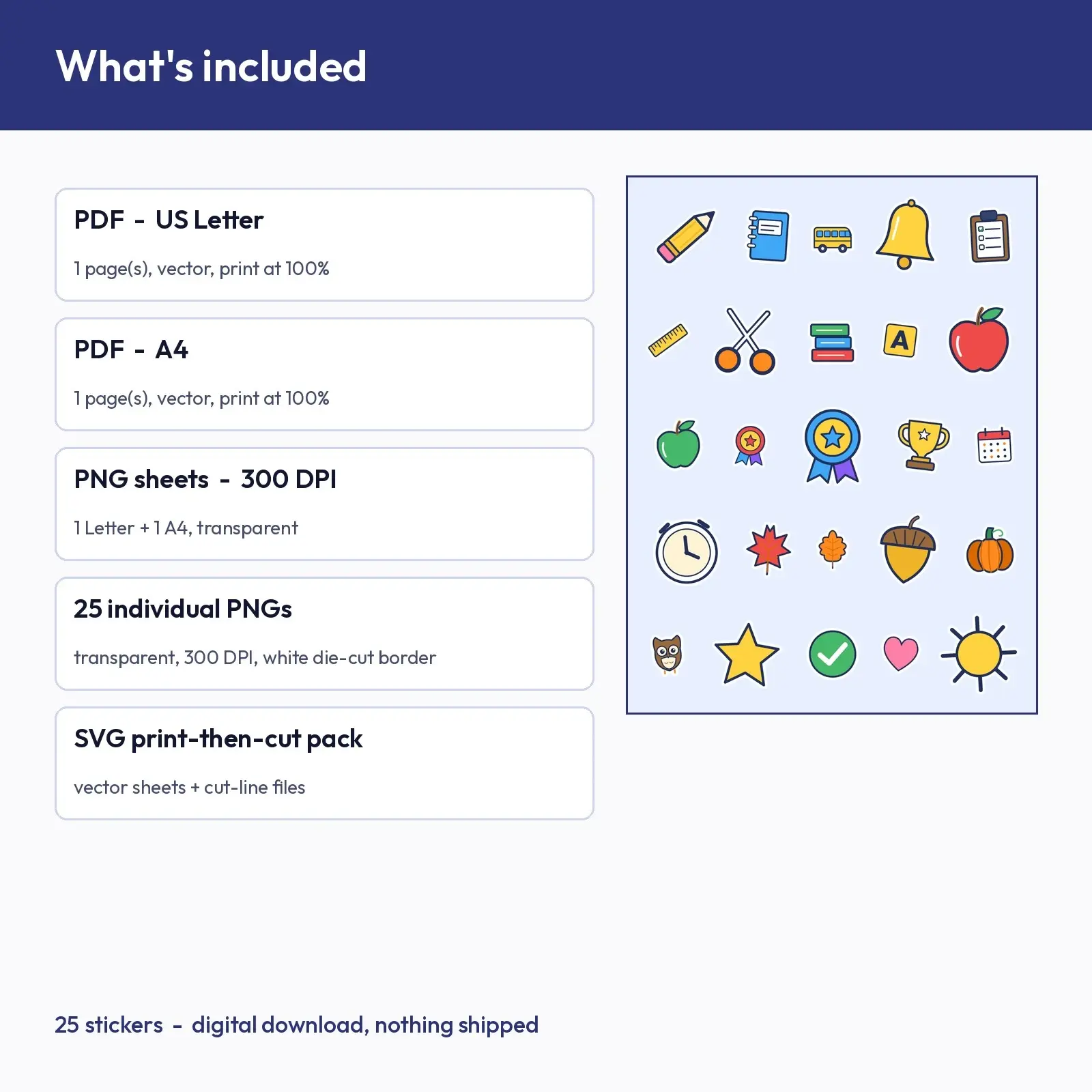 Fall Classroom Icon Stickers - 25 Pencils, Books, Apples, Buses and Trophies for Teachers, Cut SVG, preview 2 of 4