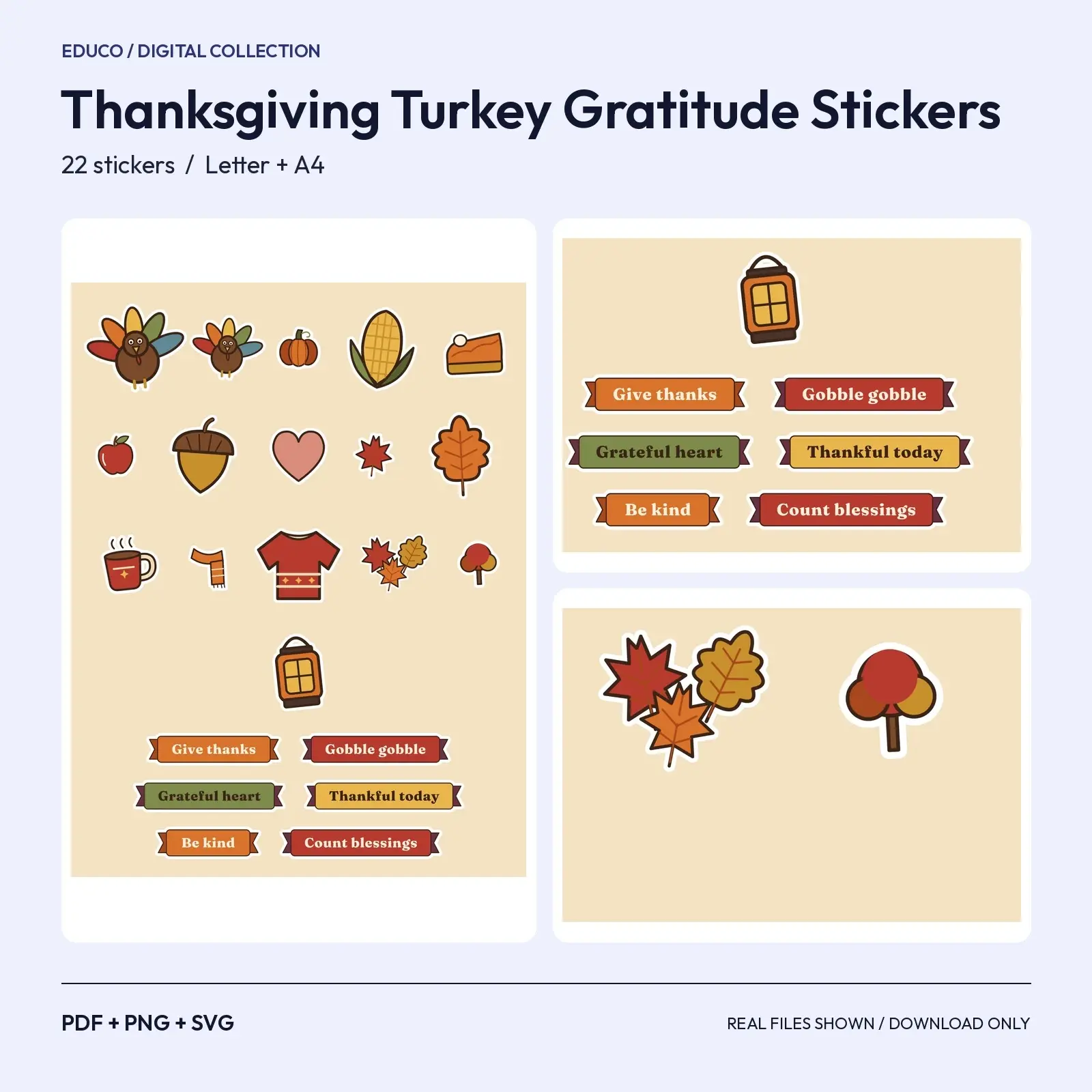 Thanksgiving Turkey and Gratitude Sticker Pack - 22 Harvest Stickers for Cards, Kids and Planners, Cut SVG preview