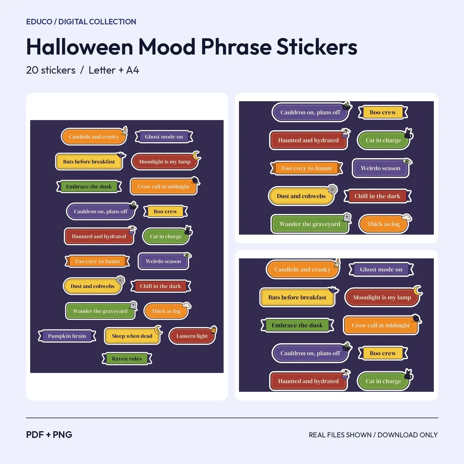 Halloween Mood Phrase Stickers - 20 Funny Moody Planner Quotes in Midnight Colors preview