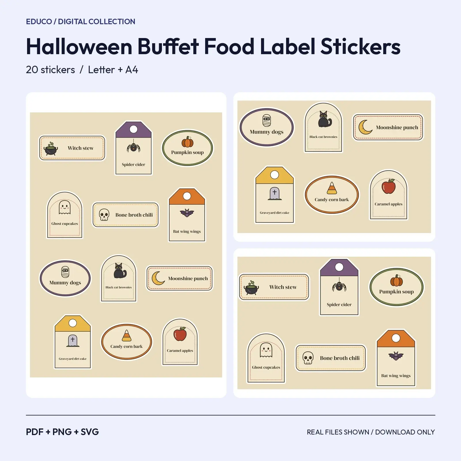 Halloween Dinner Party Food Label Stickers - 20 Vintage Buffet and Menu Tags with Cut SVG preview