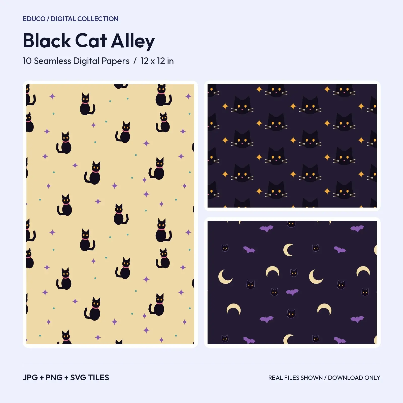 Black Cat Alley Halloween Seamless Patterns - 10 Digital Papers with Cats, Moons and Hats preview