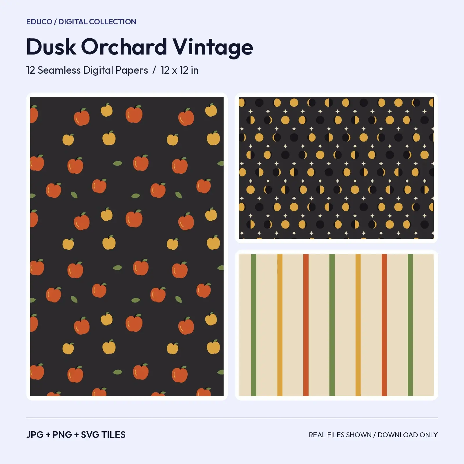 Dusk Orchard Vintage Halloween Digital Paper - 12 Seamless Apple, Crow and Moon Patterns preview