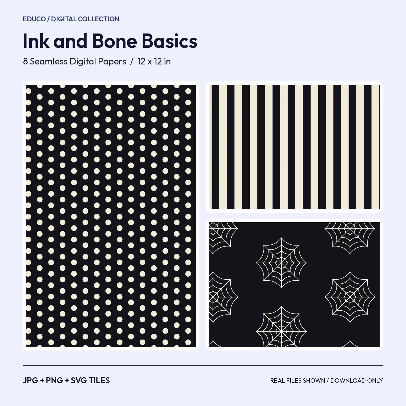 Ink and Bone Halloween Basics - 8 Black and White Seamless Patterns, 12x12 in preview