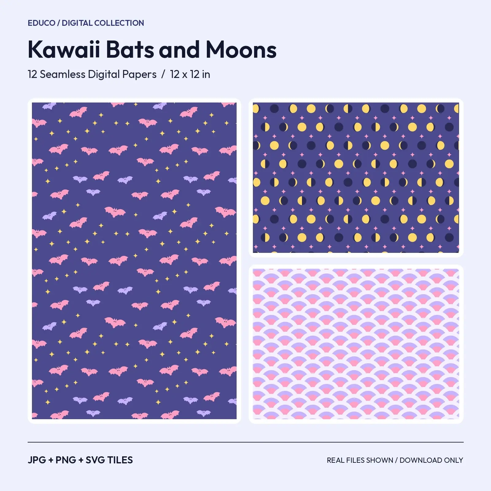 Kawaii Bat and Moon Nursery Papers - 12 Seamless Night Sky Patterns for Halloween preview
