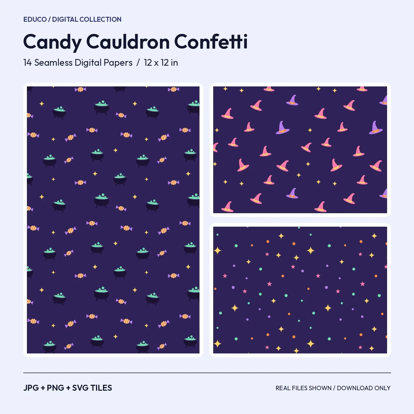 Candy Cauldron Confetti - 14 Seamless Witch Treat Patterns with Candy, Hats and Potions preview