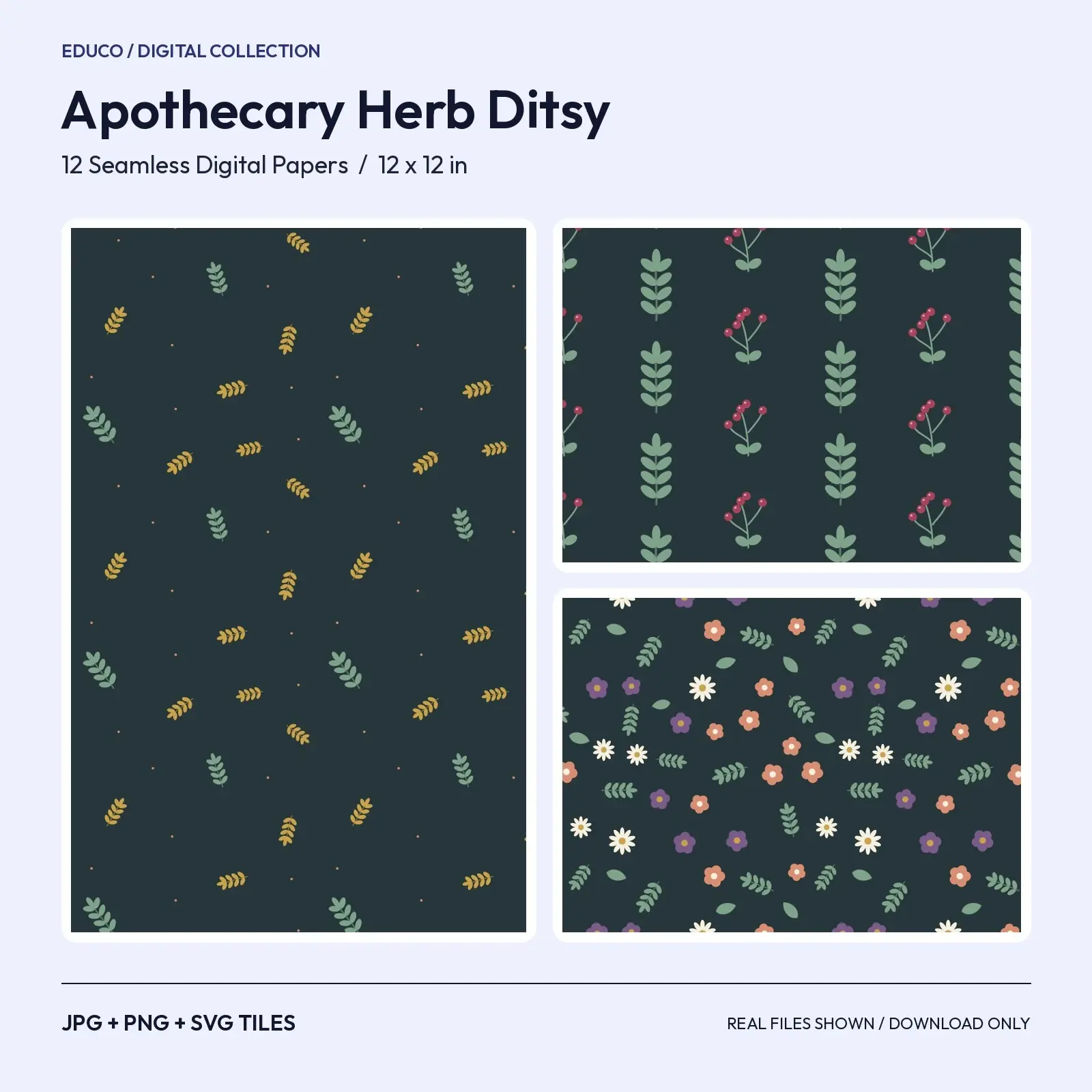Apothecary Herb Ditsy Seamless Papers - 12 Botanical Patterns in Sage, Plum and Gold preview